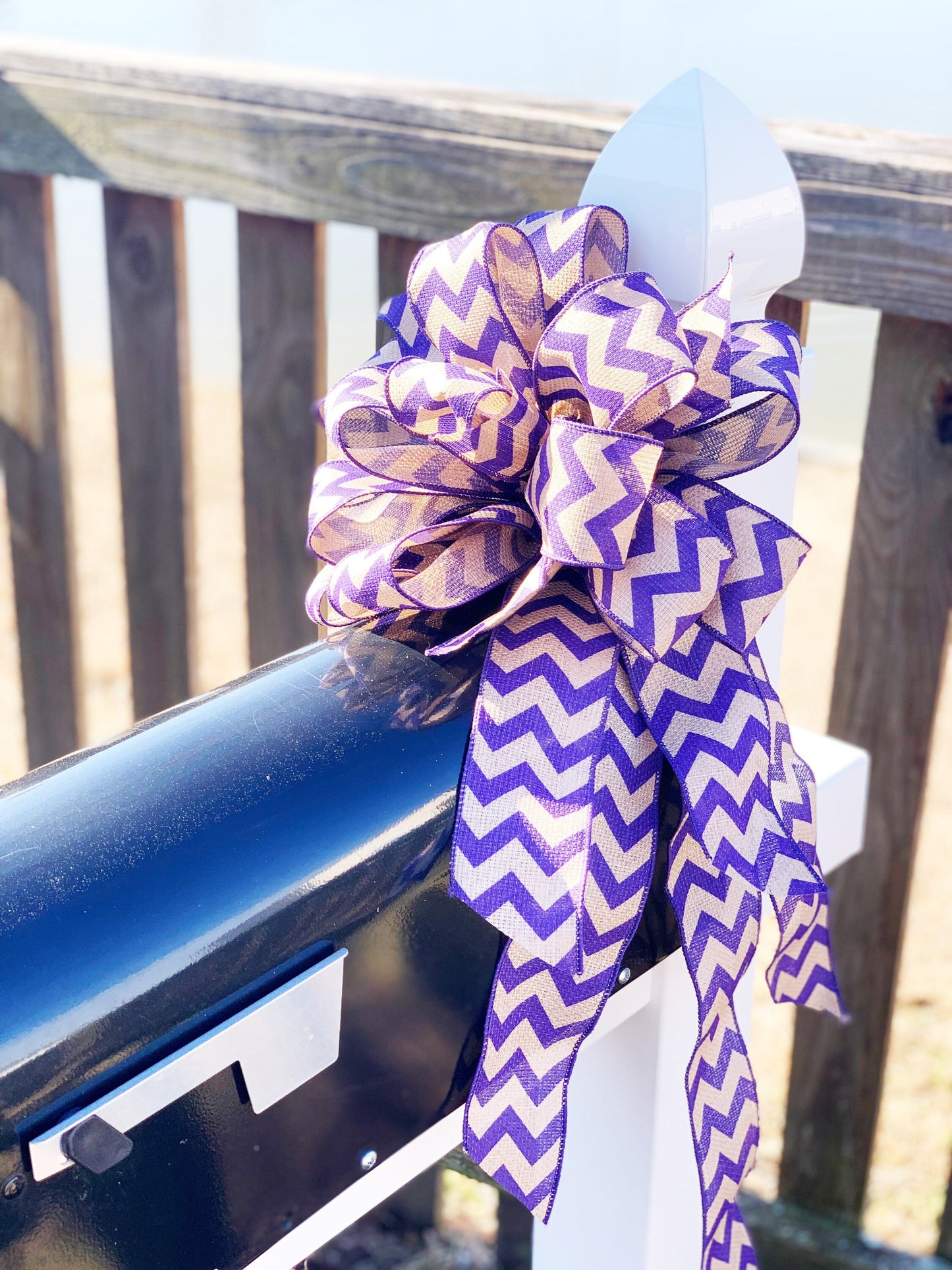 Purple Chevron and Burlap Bow. Perfect for Mailbox, Door, and Wreath.