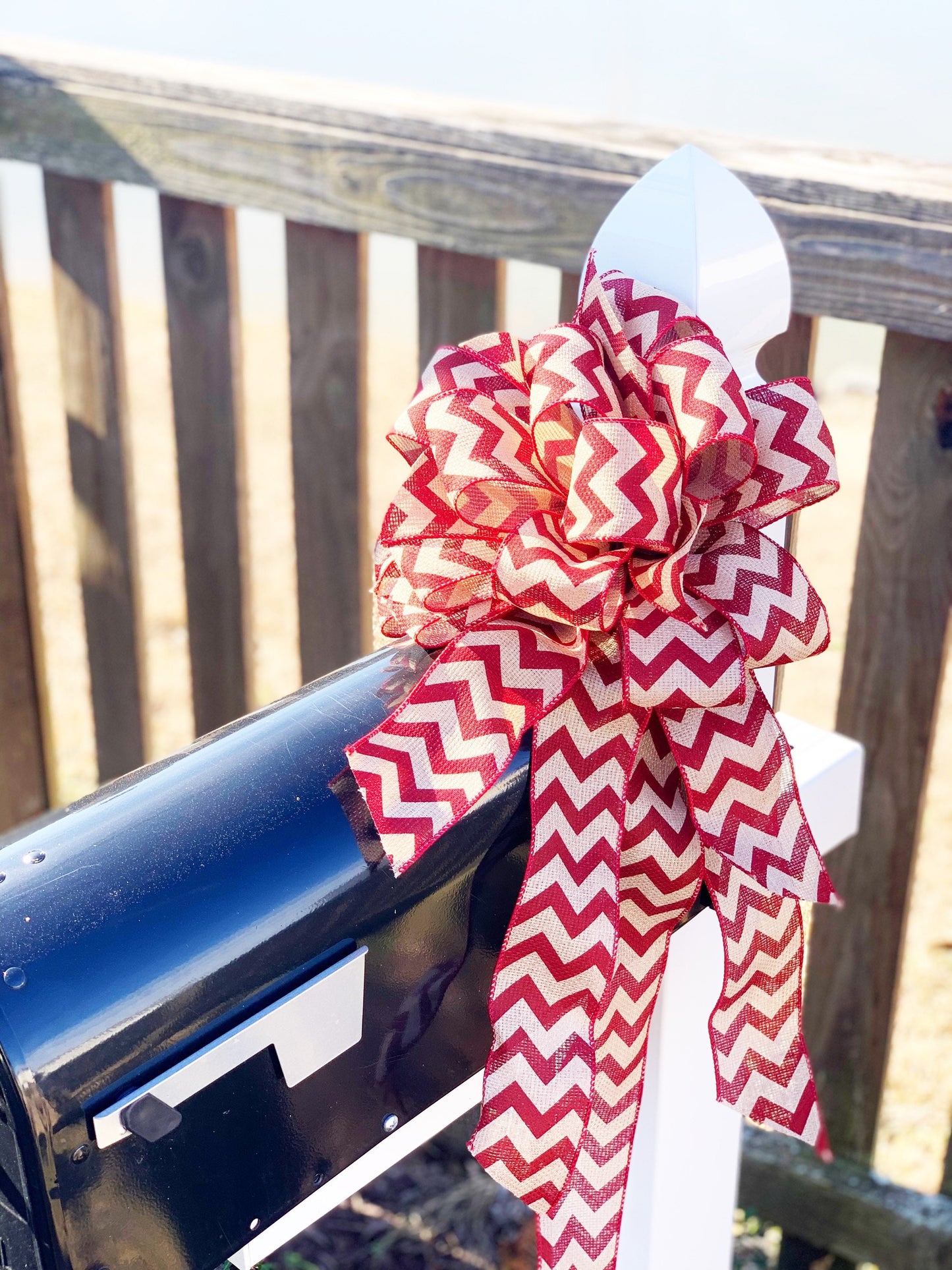 Chevron Bow with Rust and Burlap Ribbon. Perfect for Mailbox, Door, and Wreath.