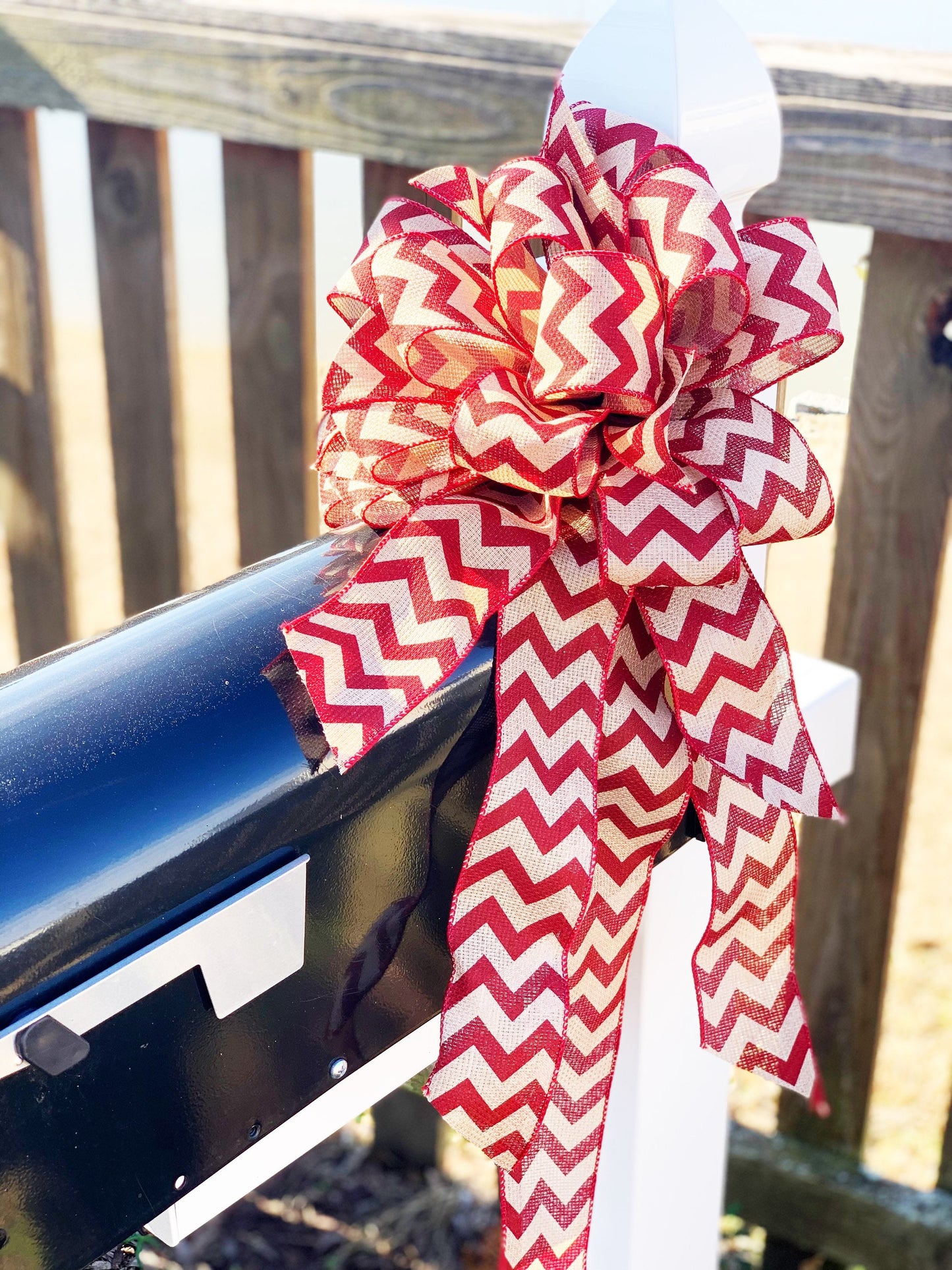 Chevron Bow with Rust and Burlap Ribbon. Perfect for Mailbox, Door, and Wreath.