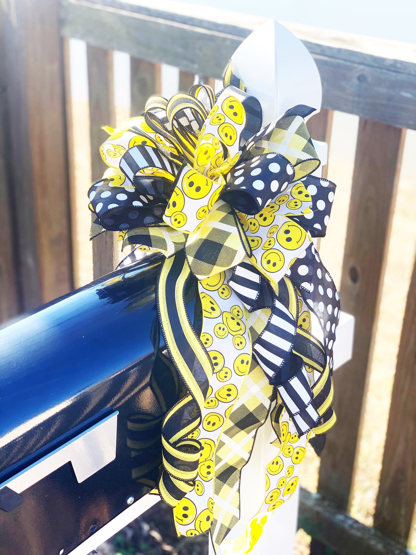 Smiley Bow in Yellow, Black, & White with Multiple Pattern Ribbon. Perfect for Mailbox, Door, and Wreath.