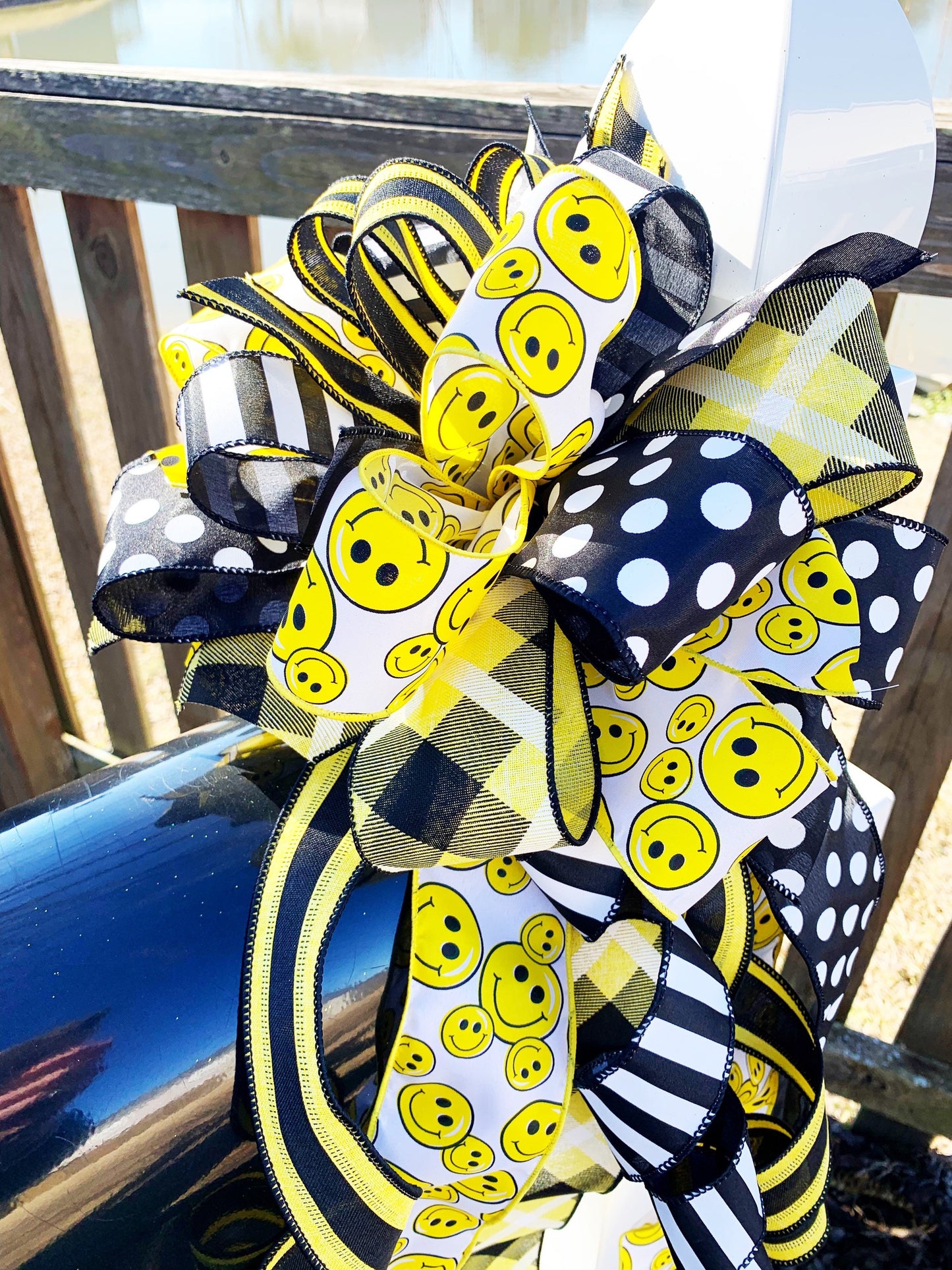 Smiley Bow in Yellow, Black, & White with Multiple Pattern Ribbon. Perfect for Mailbox, Door, and Wreath.