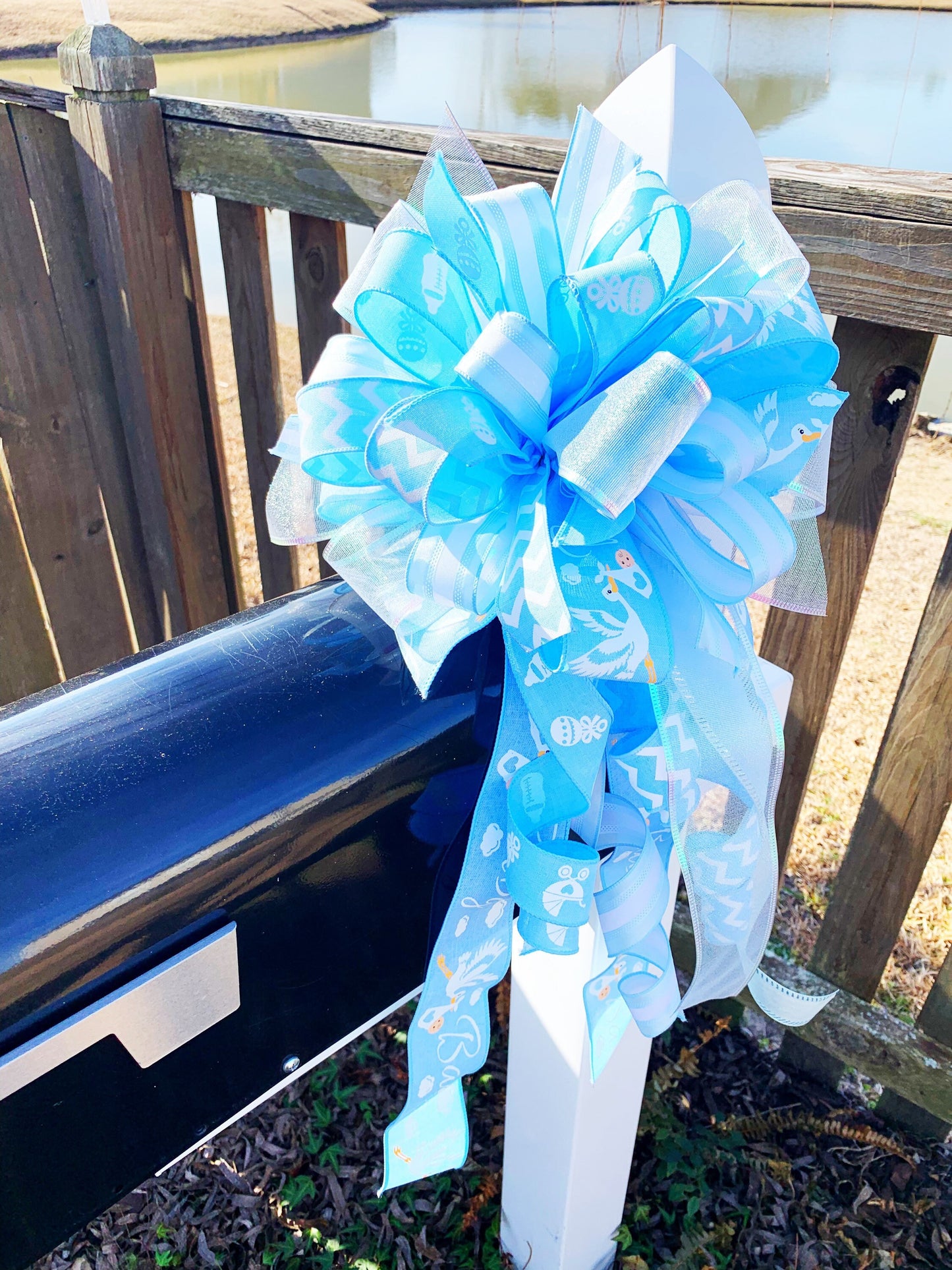 Baby Boy Bow in Light Blue and White. Perfect for Mailbox, Door, and Wreath.