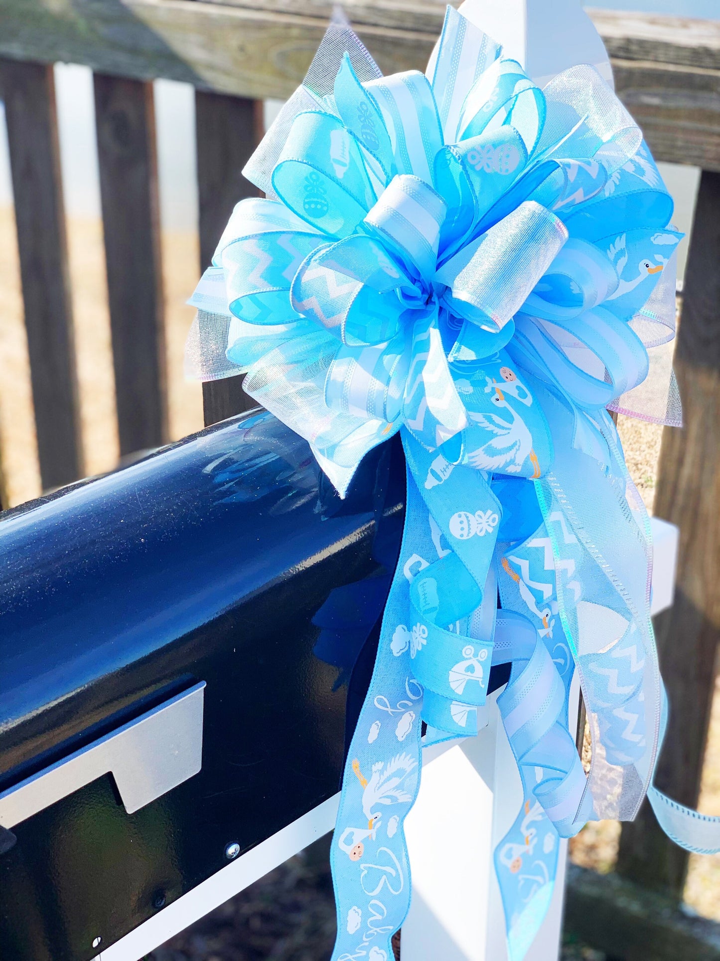 Baby Boy Bow in Light Blue and White. Perfect for Mailbox, Door, and Wreath.