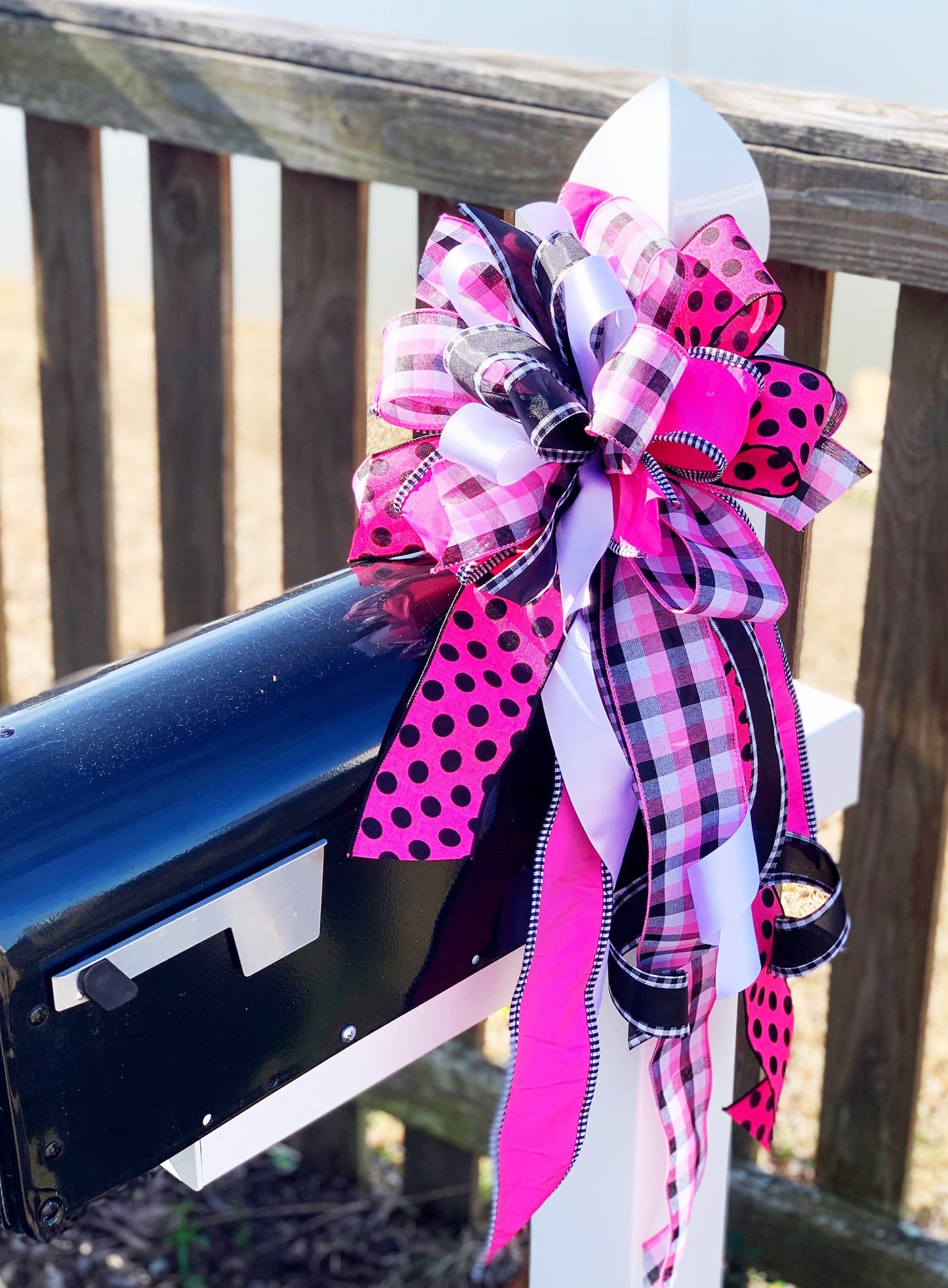 Hot Pink, Black, & White Bow with Multi Pattern Ribbons. Perfect for Mailbox, Door, and Wreath.