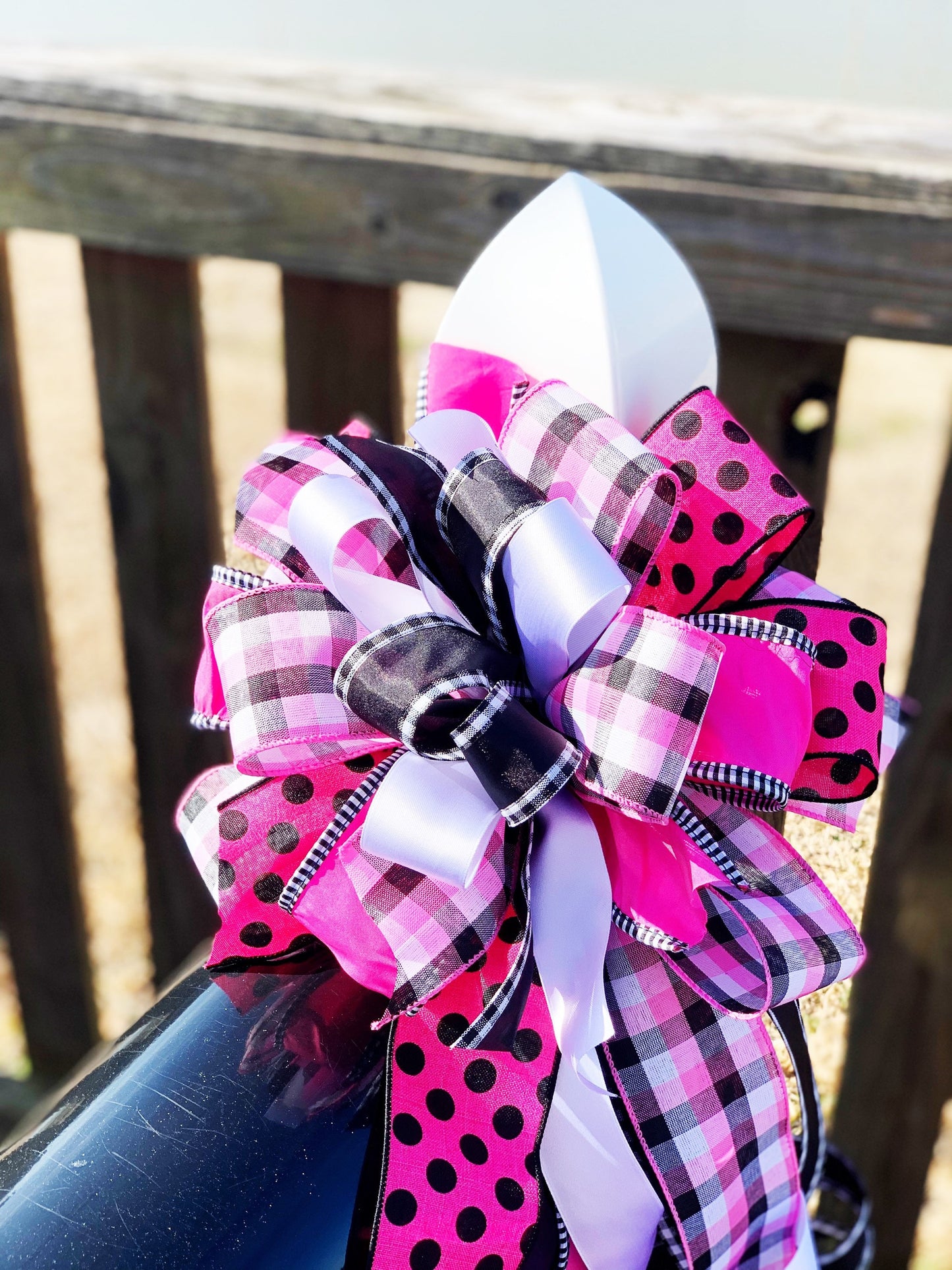 Hot Pink, Black, & White Bow with Multi Pattern Ribbons. Perfect for Mailbox, Door, and Wreath.