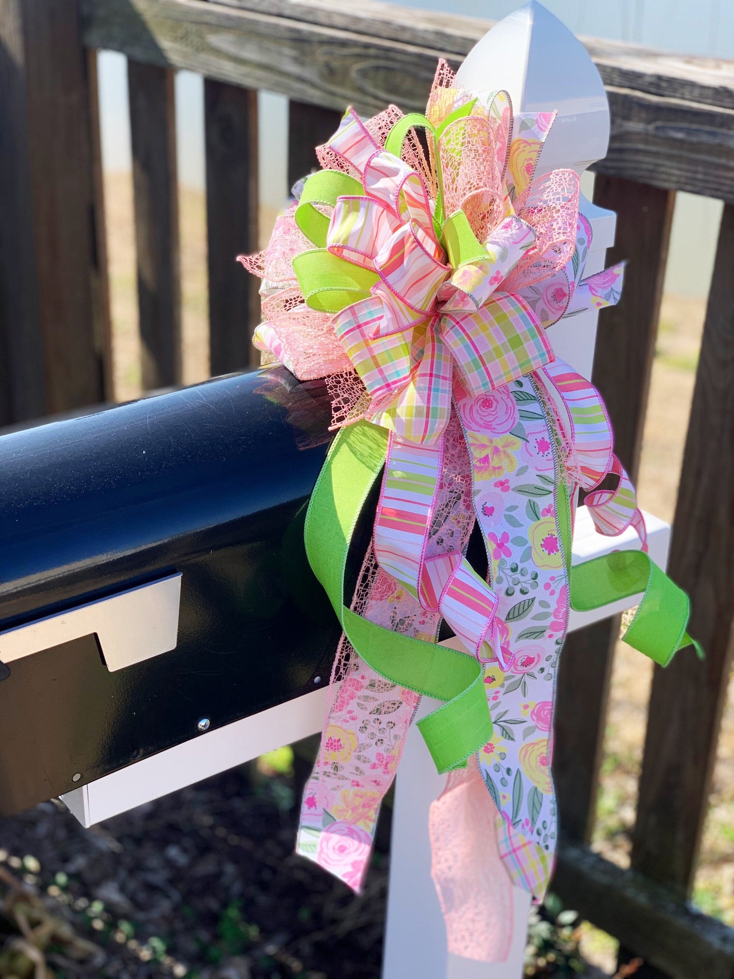 Spring Bow in Peach, Green, Pink & White with Multiple Pattern Ribbons. Perfect for Mailbox, Door, and Wreath.