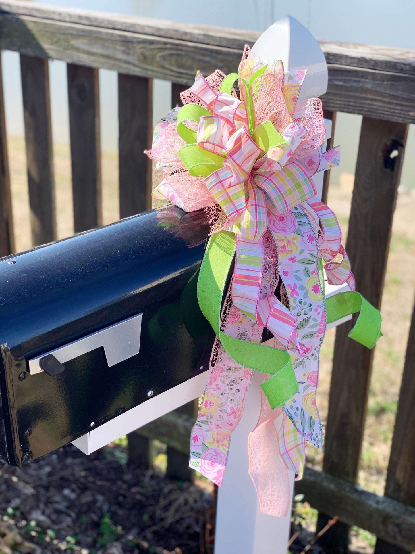 Spring Bow in Peach, Green, Pink & White with Multiple Pattern Ribbons. Perfect for Mailbox, Door, and Wreath.