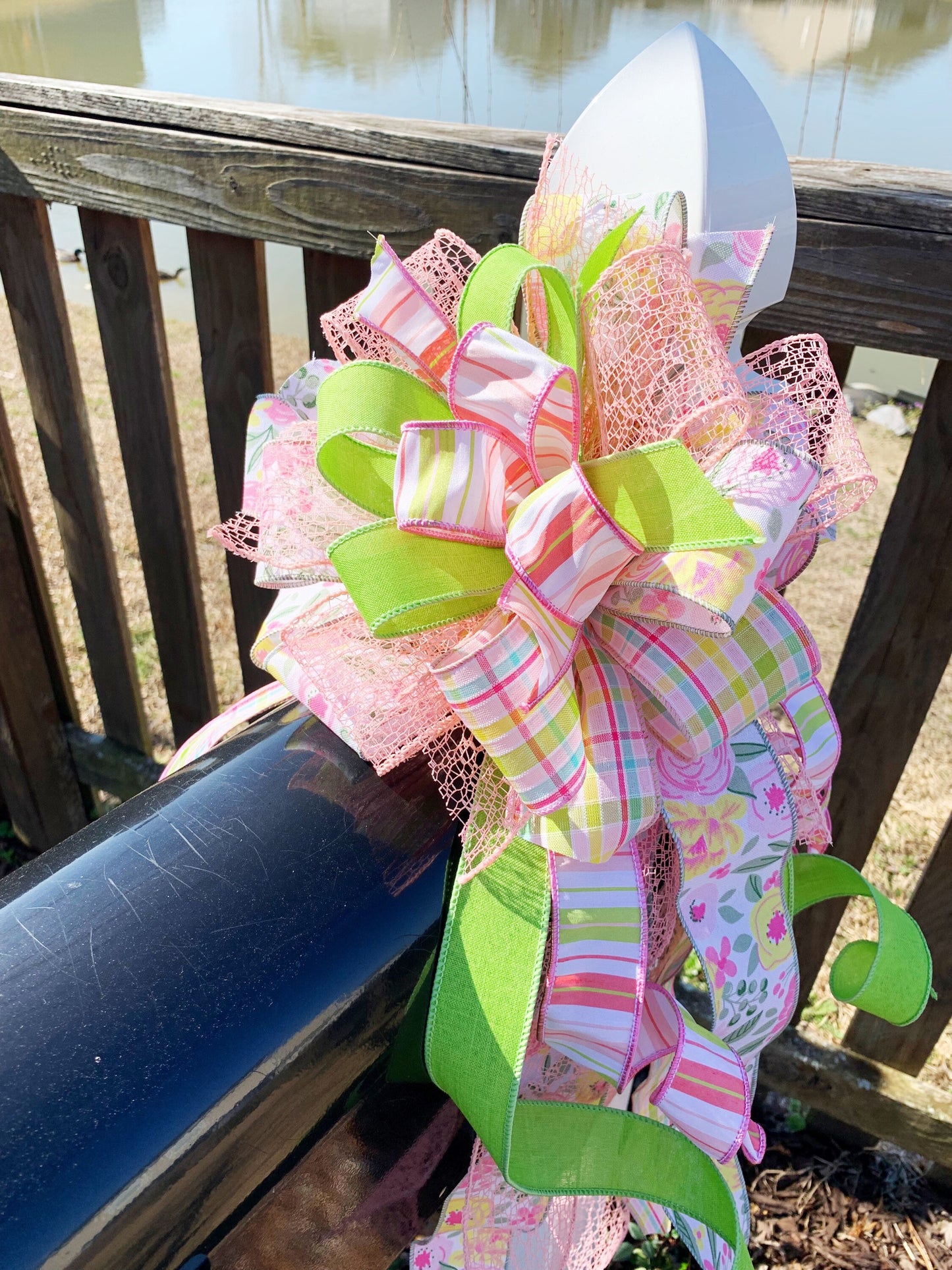 Spring Bow in Peach, Green, Pink & White with Multiple Pattern Ribbons. Perfect for Mailbox, Door, and Wreath.