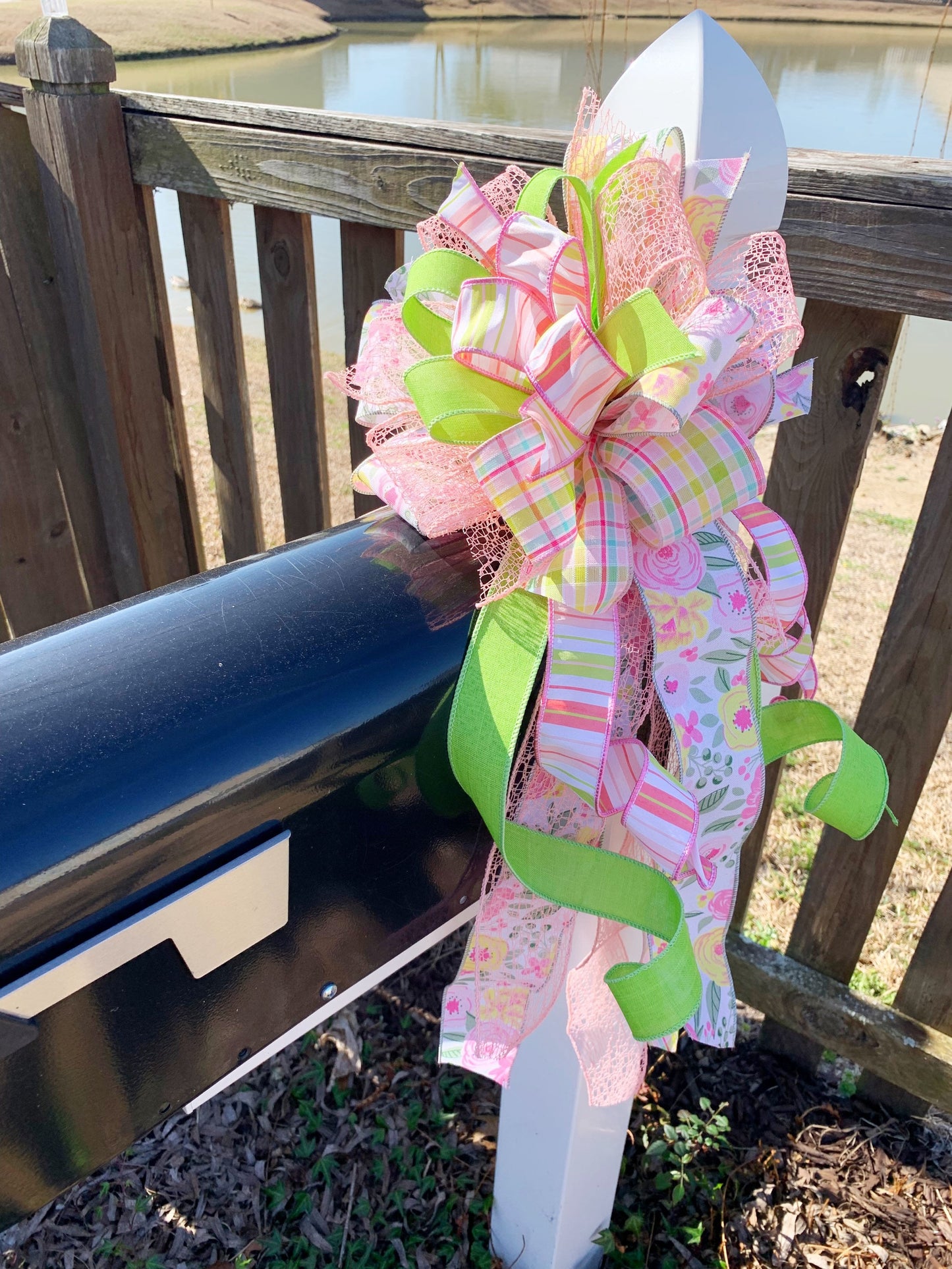 Spring Bow in Peach, Green, Pink & White with Multiple Pattern Ribbons. Perfect for Mailbox, Door, and Wreath.