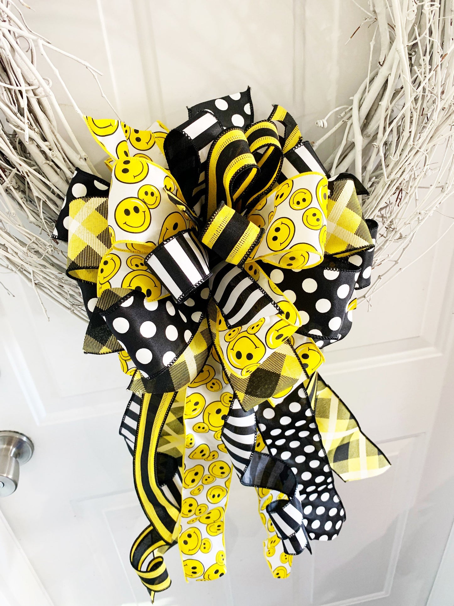 Smiley Bow in Yellow, Black, & White with Multiple Pattern Ribbon. Perfect for Mailbox, Door, and Wreath.