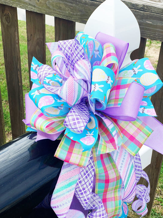 Easter Bow in Light Purple and Blue, Featuring Multipattern and Bunny Ribbon. Perfect for Mailbox, Door, and Wreath.
