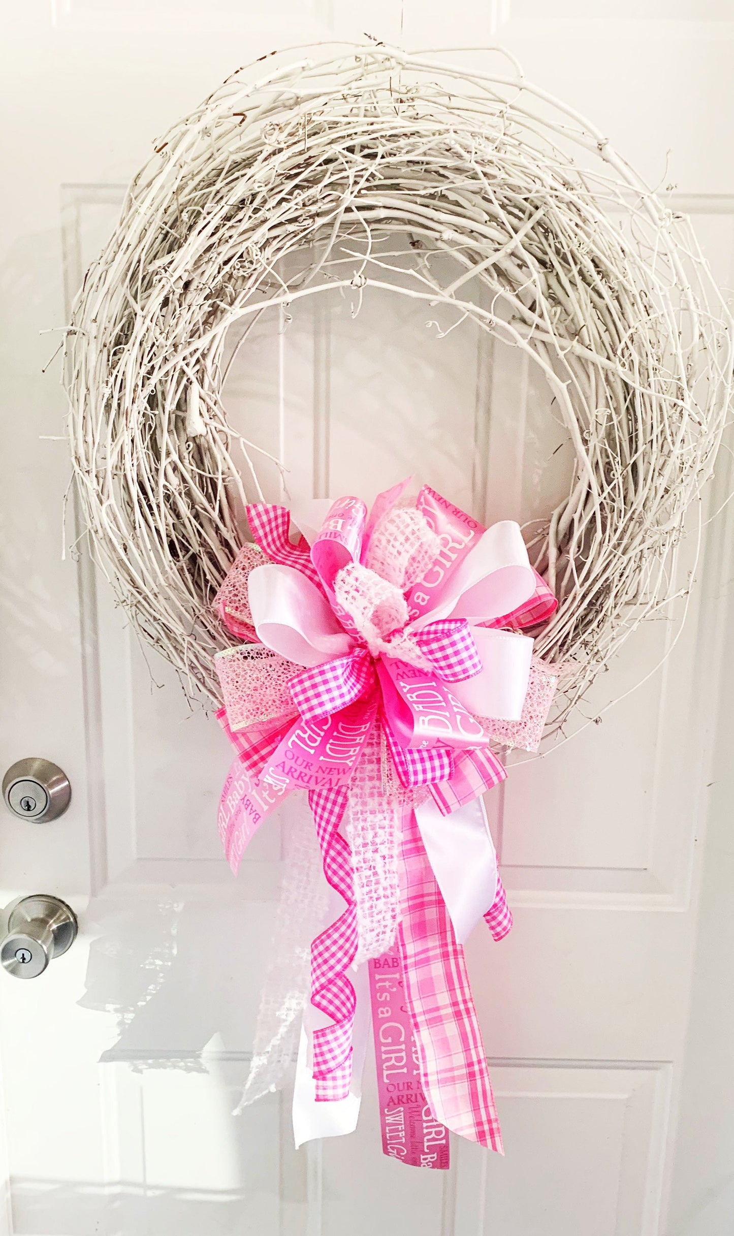 Baby Girl Bow in Pink & White with Premium Ribbon. Perfect for Mailbox, Door, and Wreath.