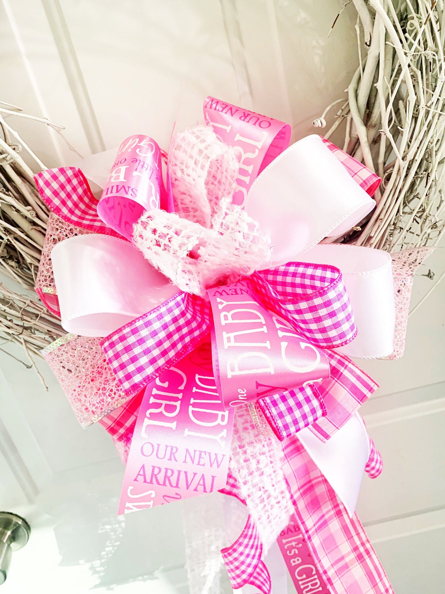 Baby Girl Bow in Pink & White with Premium Ribbon. Perfect for Mailbox, Door, and Wreath.