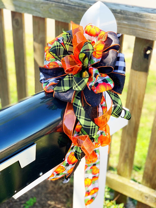 Fall Collection- Pumpkin Black/White Check Bow, Fall Bow, Fall Decor, Fall Ribbon, Mailbox Bow, Wreath Bow, Large Bow, Bow, Bows