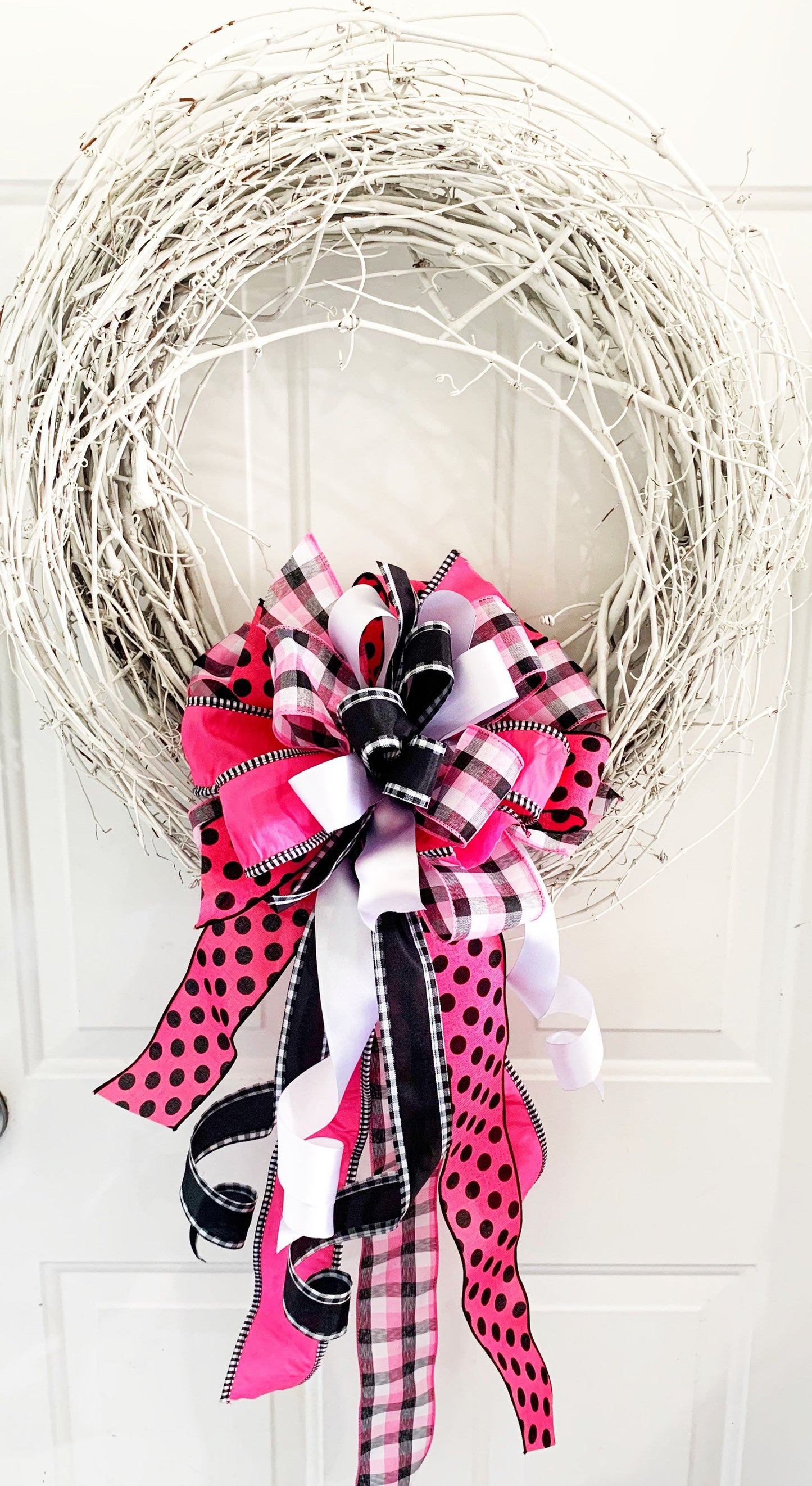 Hot Pink, Black, & White Bow with Multi Pattern Ribbons. Perfect for Mailbox, Door, and Wreath.