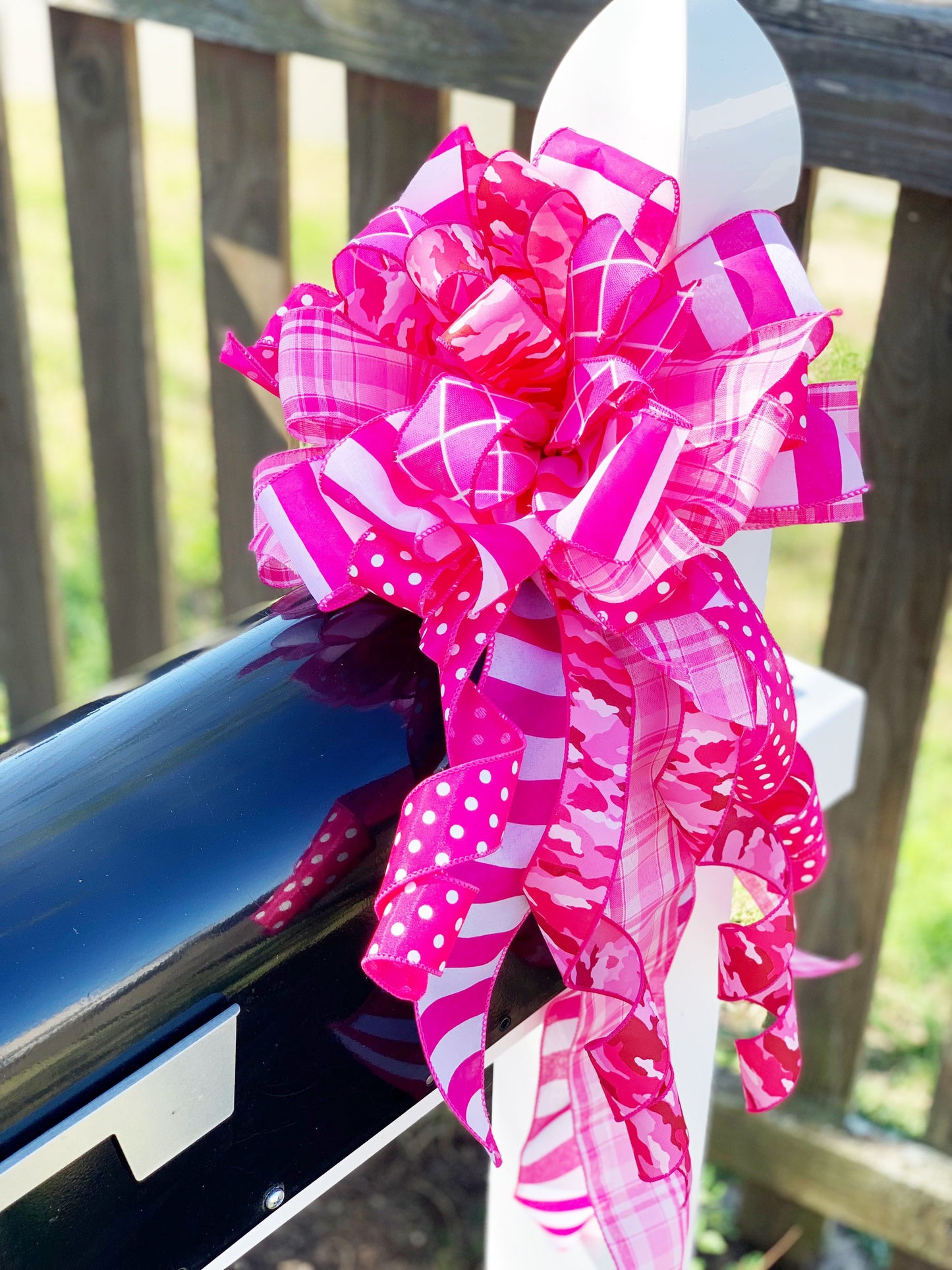 Pink Camo Bow with Polka Dots and Argyle Ribbon. Perfect for Mailbox, Door, and Wreath.