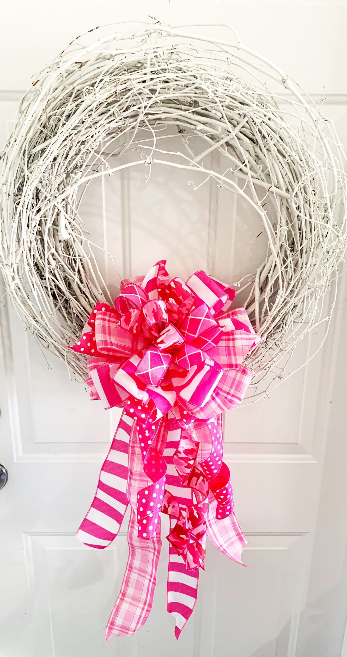 Pink Camo Bow with Polka Dots and Argyle Ribbon. Perfect for Mailbox, Door, and Wreath.