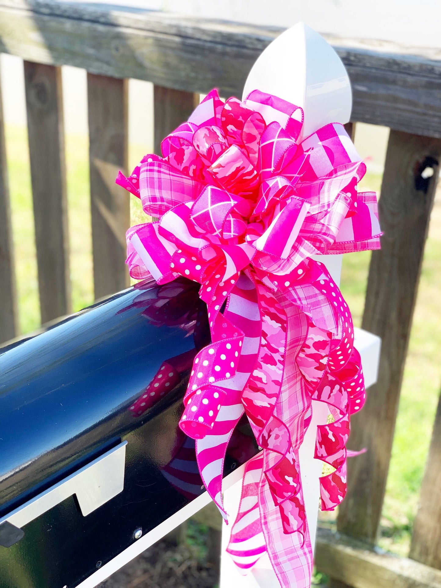 Pink Camo Bow with Polka Dots and Argyle Ribbon. Perfect for Mailbox, Door, and Wreath.