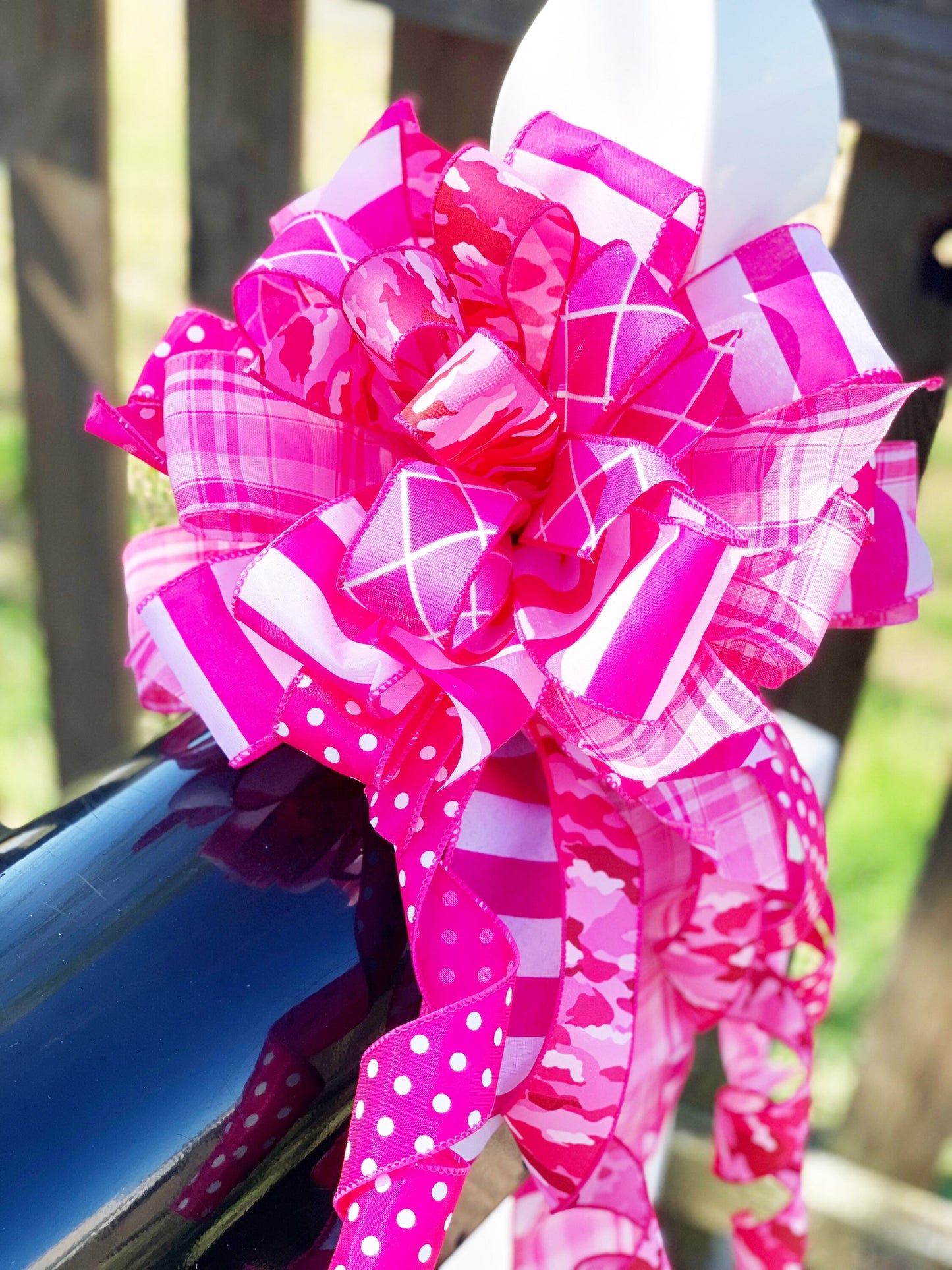 Pink Camo Bow with Polka Dots and Argyle Ribbon. Perfect for Mailbox, Door, and Wreath.