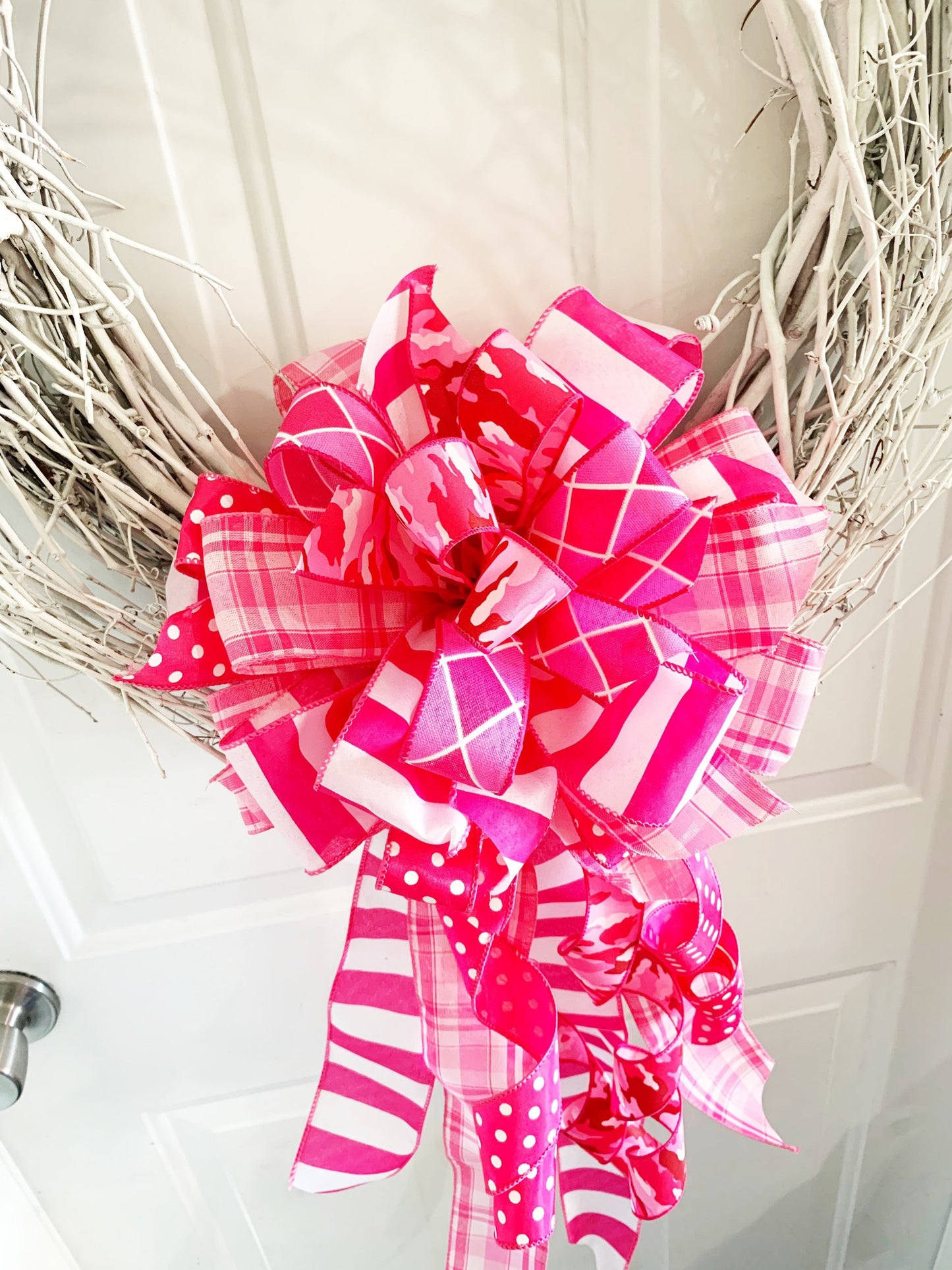 Pink Camo Bow with Polka Dots and Argyle Ribbon. Perfect for Mailbox, Door, and Wreath.