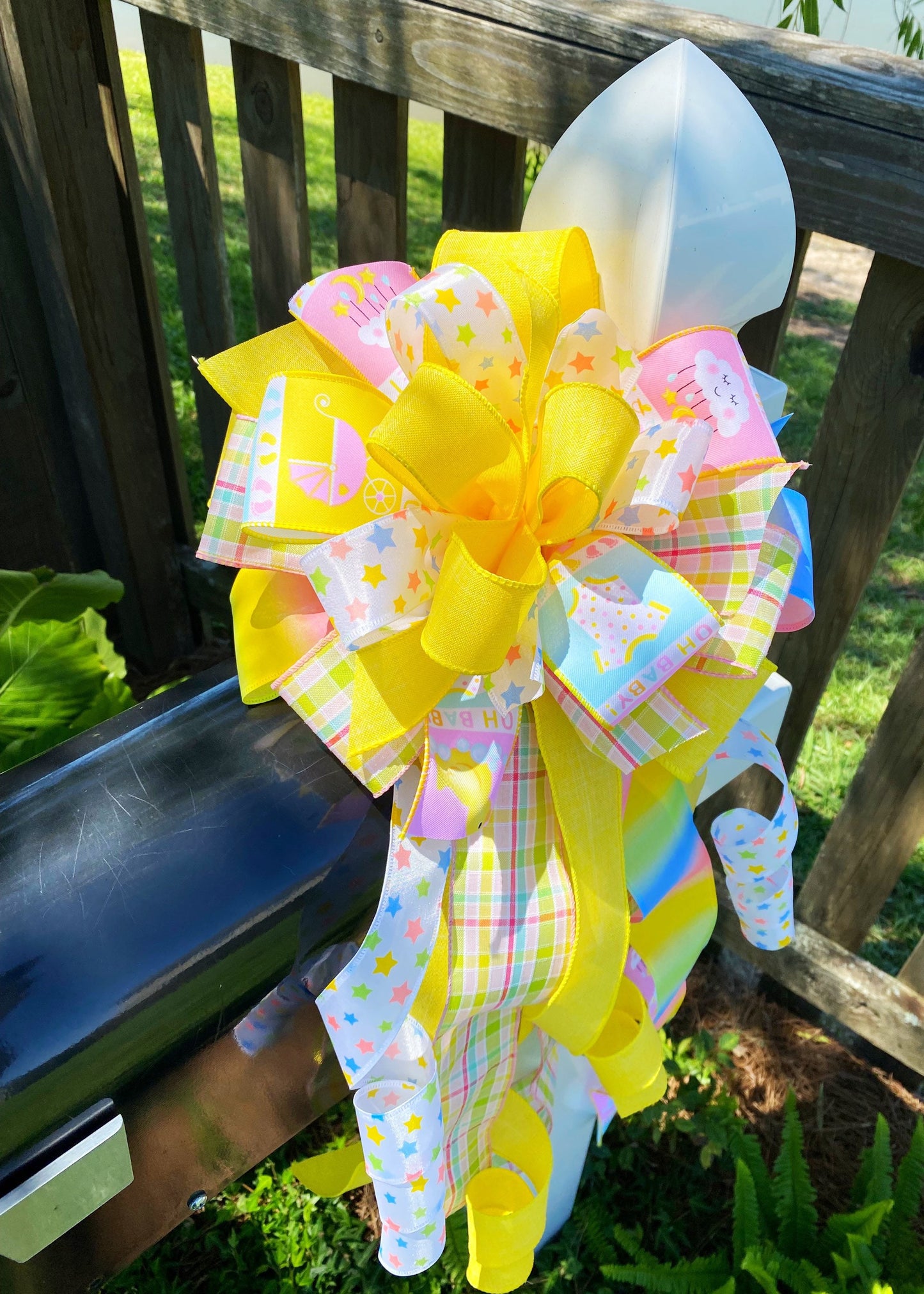 Gender Neutral Baby Bow in Yellow, Pink, and Blue. Perfect for Mailbox, Door, and Wreath.