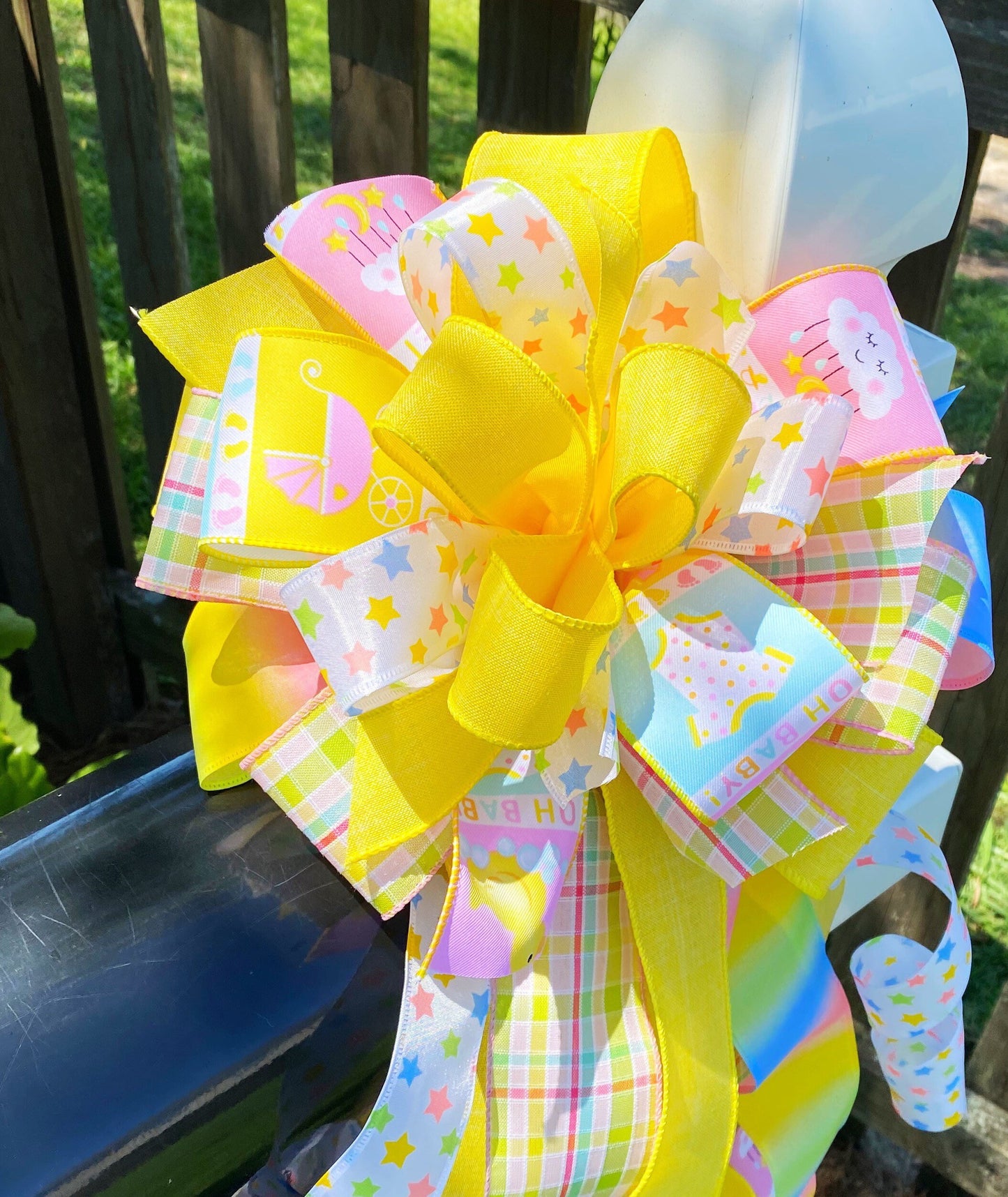 Gender Neutral Baby Bow in Yellow, Pink, and Blue. Perfect for Mailbox, Door, and Wreath.