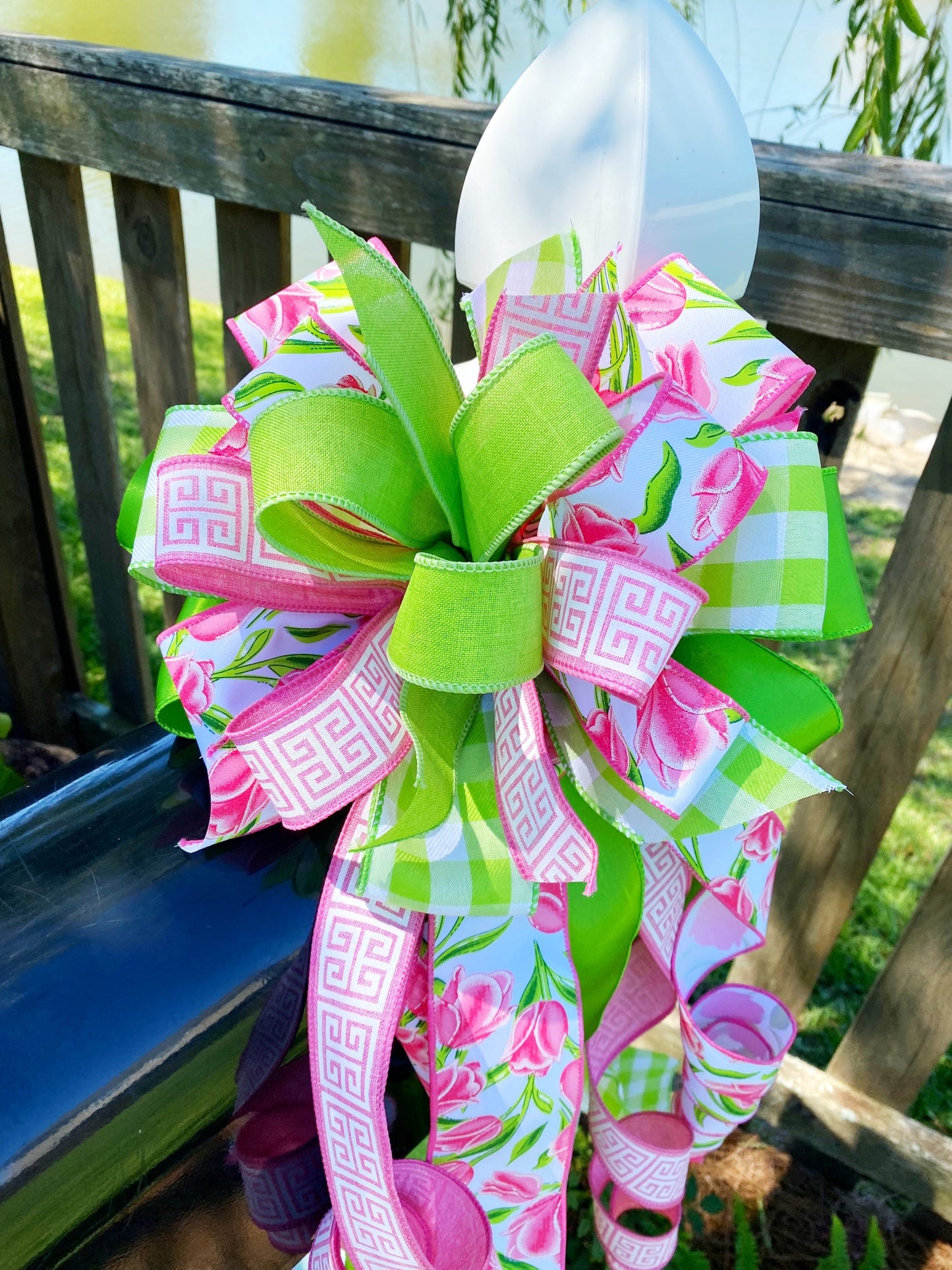 Spring Bow in Pink & Green Featuring Tulip Ribbon. Perfect for Mailbox, Door, and Wreath.