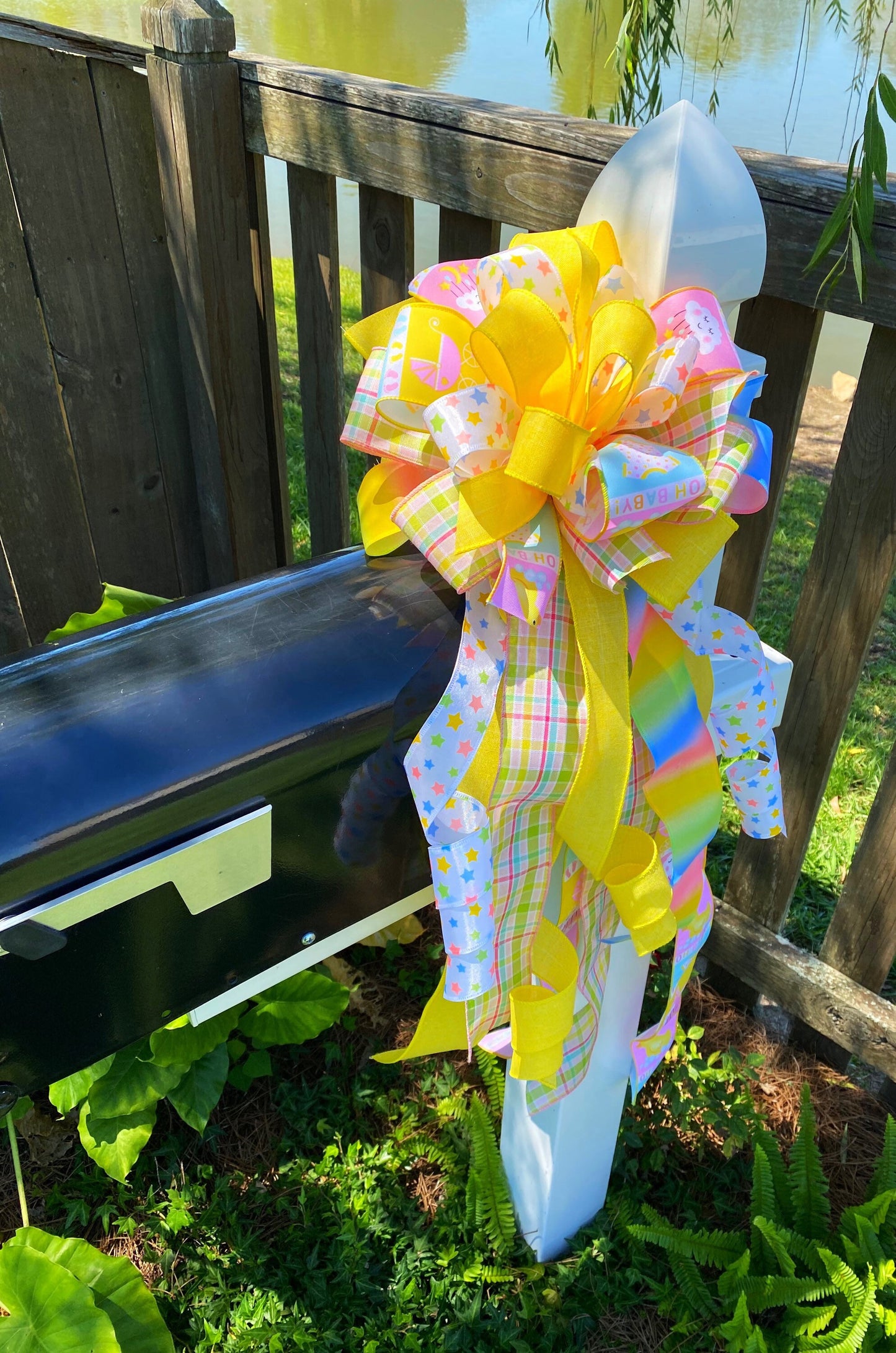 Gender Neutral Baby Bow in Yellow, Pink, and Blue. Perfect for Mailbox, Door, and Wreath.