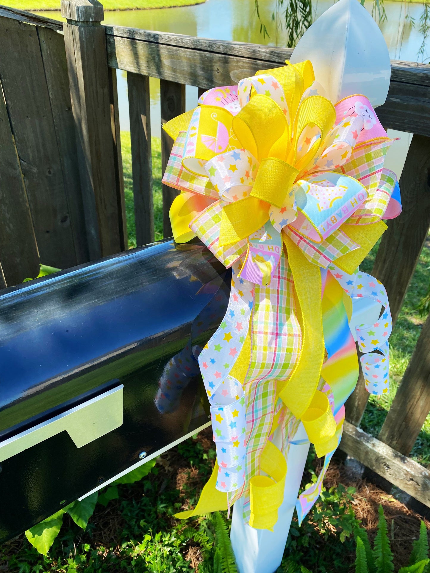 Gender Neutral Baby Bow in Yellow, Pink, and Blue. Perfect for Mailbox, Door, and Wreath.