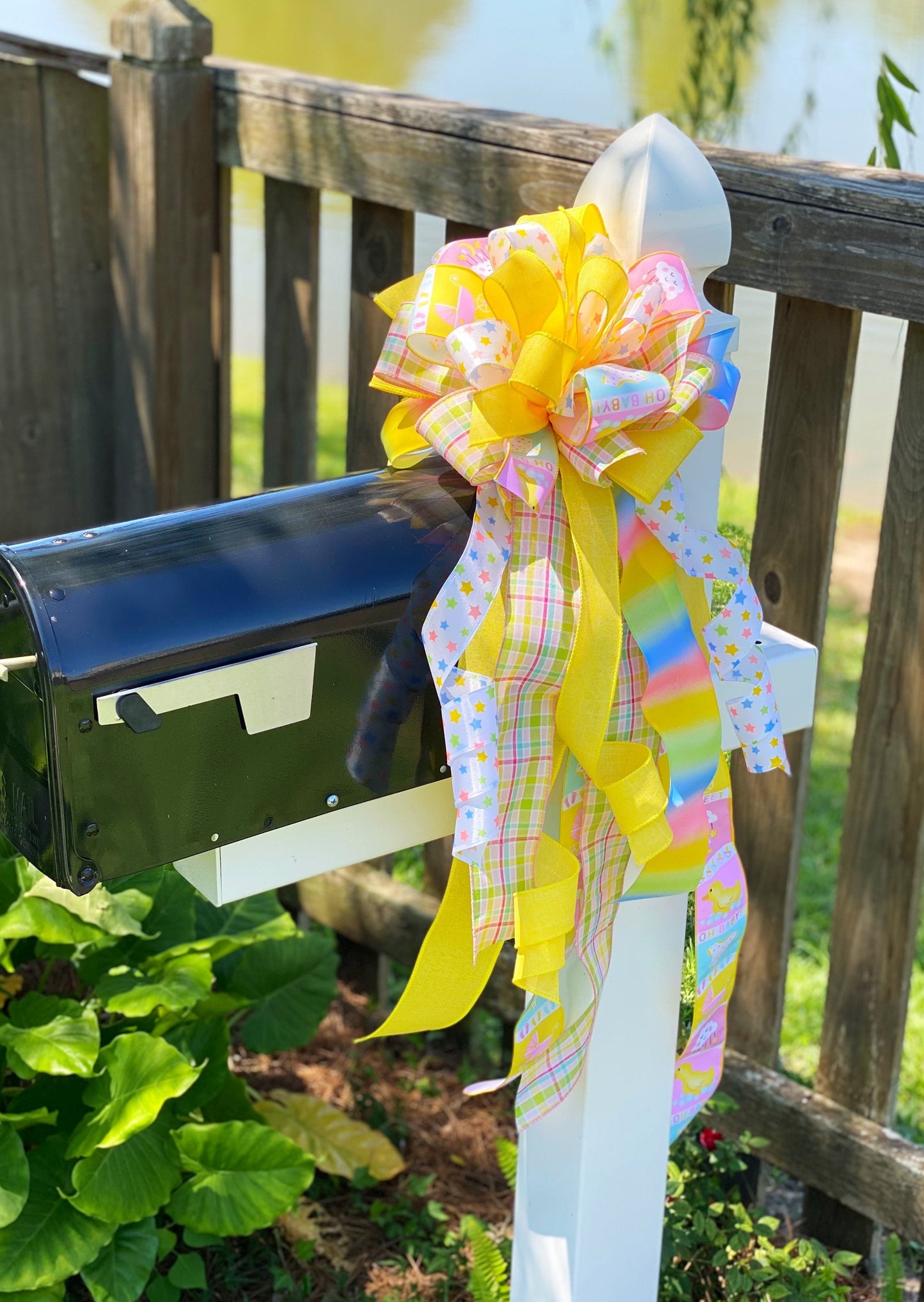 Gender Neutral Baby Bow in Yellow, Pink, and Blue. Perfect for Mailbox, Door, and Wreath.