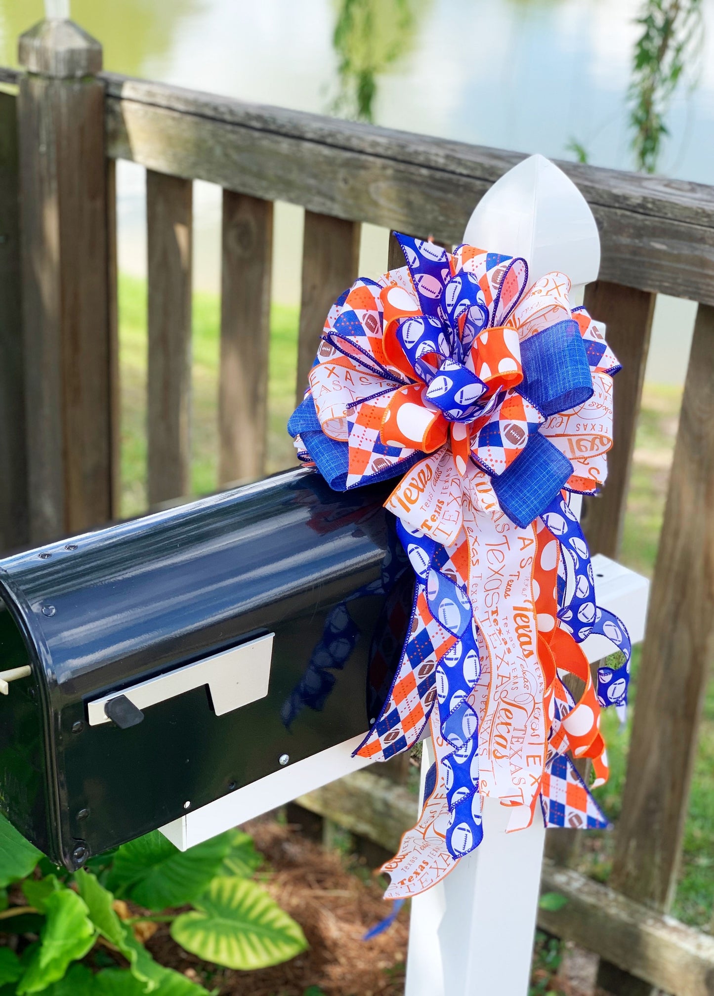 Sports Collection - Orange/Blue Bow,Orange Bow,Football Bow,Football,Texas Decor,Mailbox Bow,Wreath Bow,Large Bow,Texas