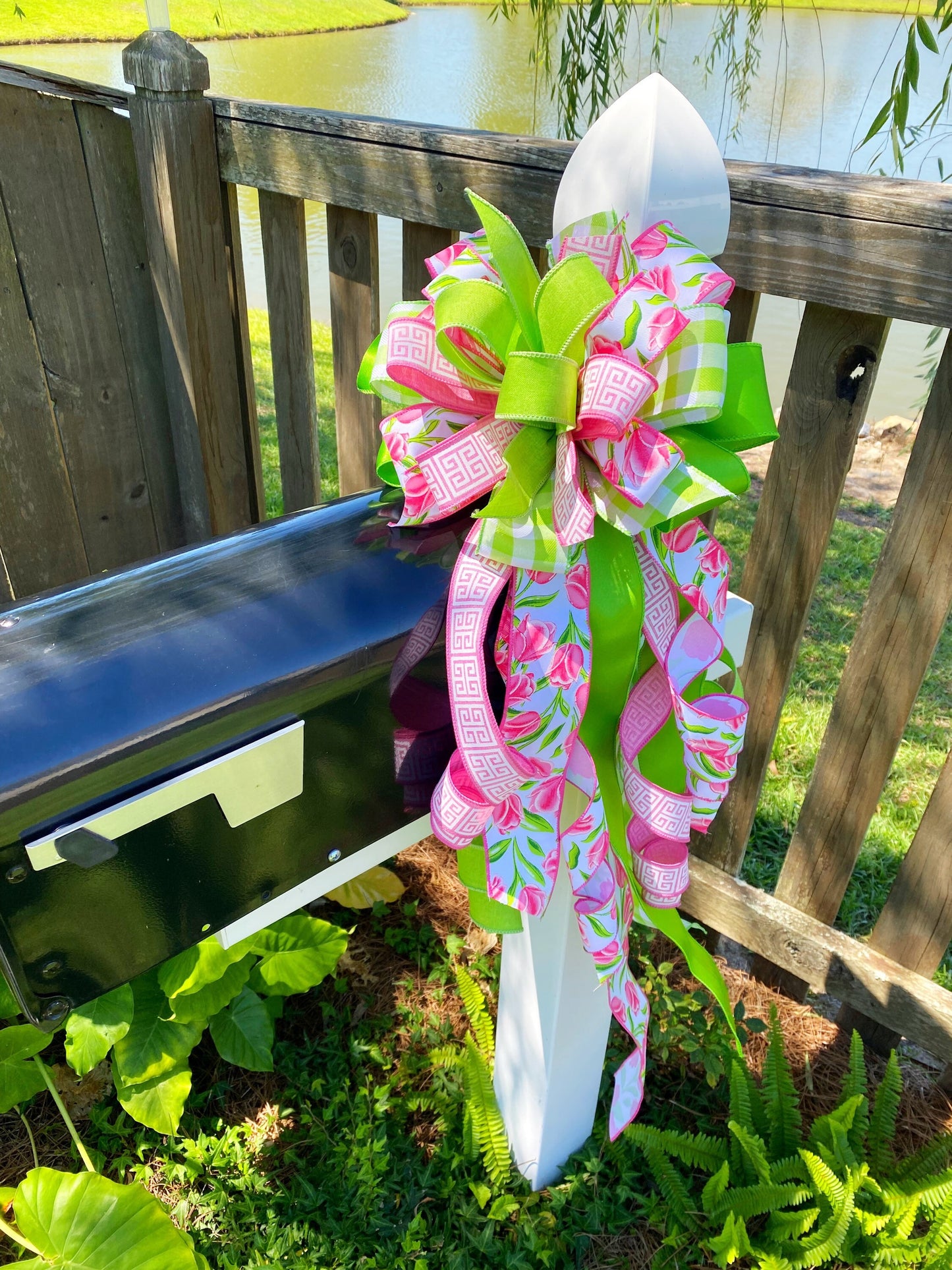 Spring Bow in Pink & Green Featuring Tulip Ribbon. Perfect for Mailbox, Door, and Wreath.