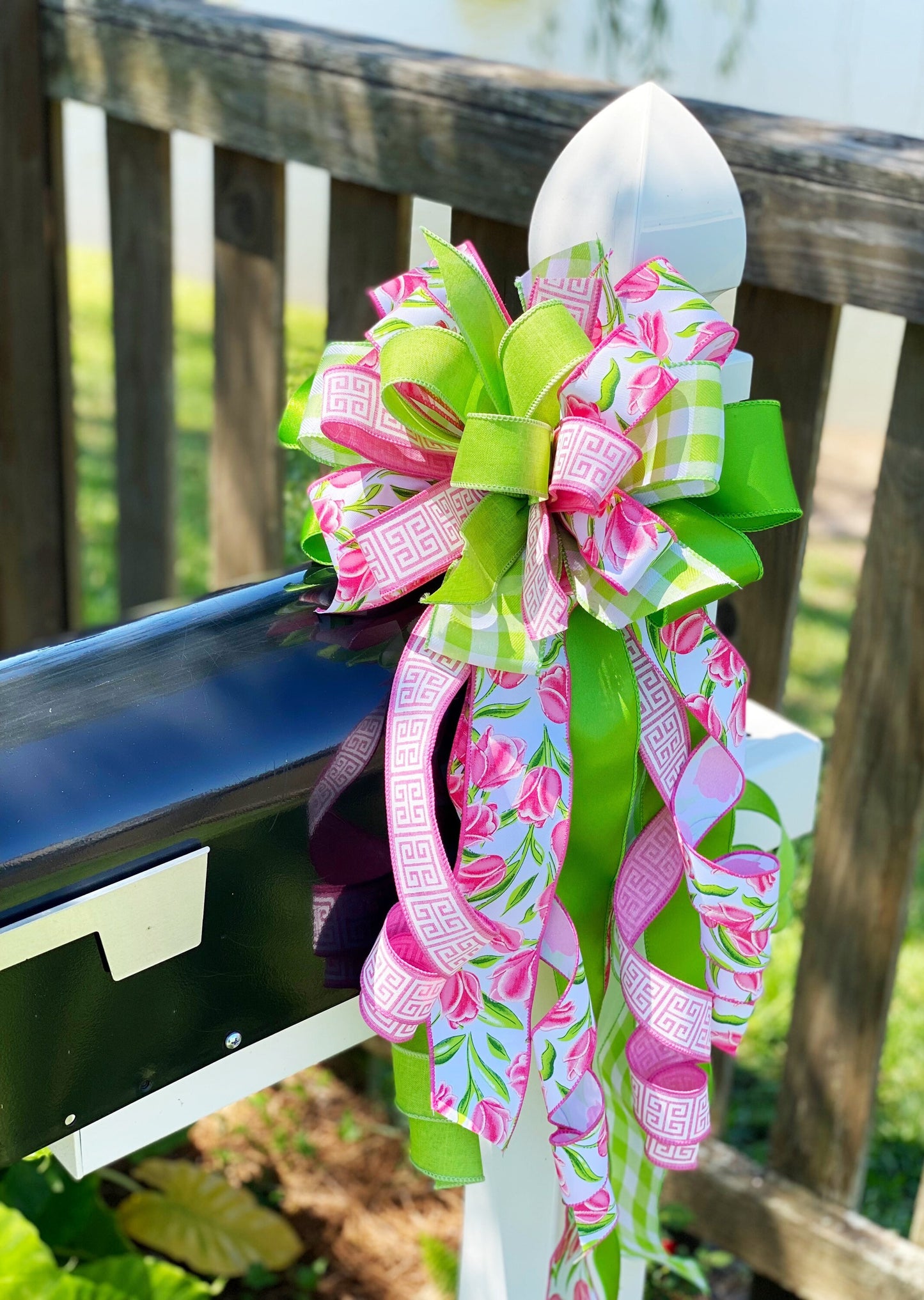 Spring Bow in Pink & Green Featuring Tulip Ribbon. Perfect for Mailbox, Door, and Wreath.