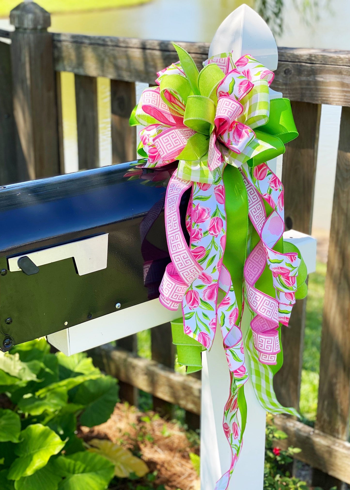 Spring Bow in Pink & Green Featuring Tulip Ribbon. Perfect for Mailbox, Door, and Wreath.