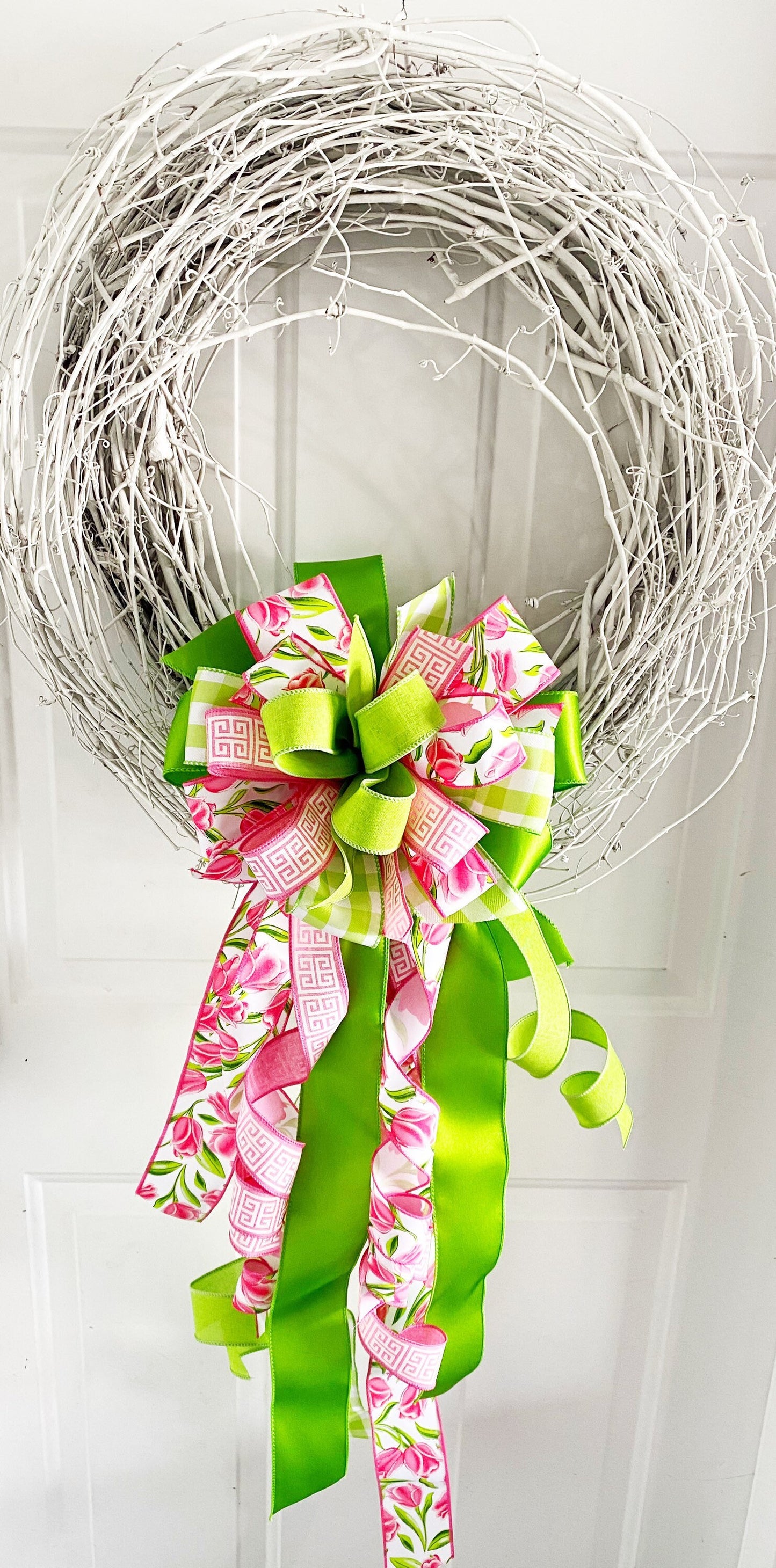 Spring Bow in Pink & Green Featuring Tulip Ribbon. Perfect for Mailbox, Door, and Wreath.