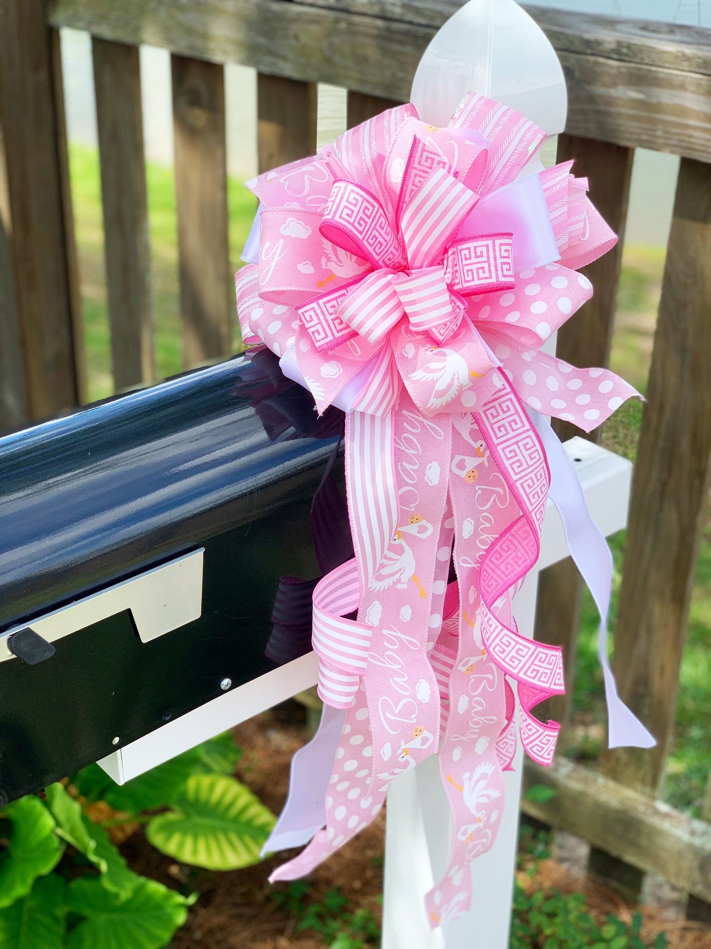 Baby Girl Bow in Pink and White, Featuring Polka Dots and Stork. Perfect for Mailbox, Door, and Wreath.