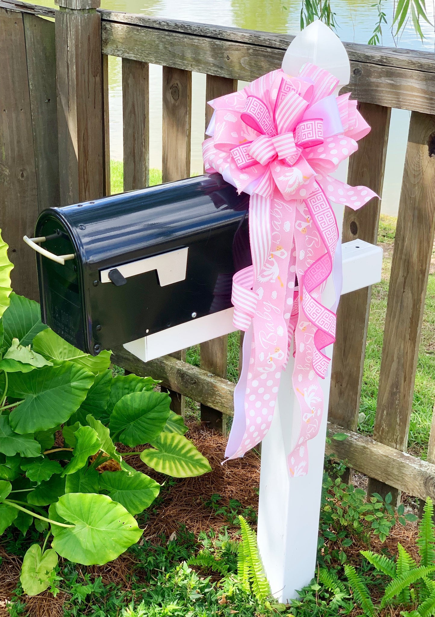 Baby Girl Bow in Pink and White, Featuring Polka Dots and Stork. Perfect for Mailbox, Door, and Wreath.