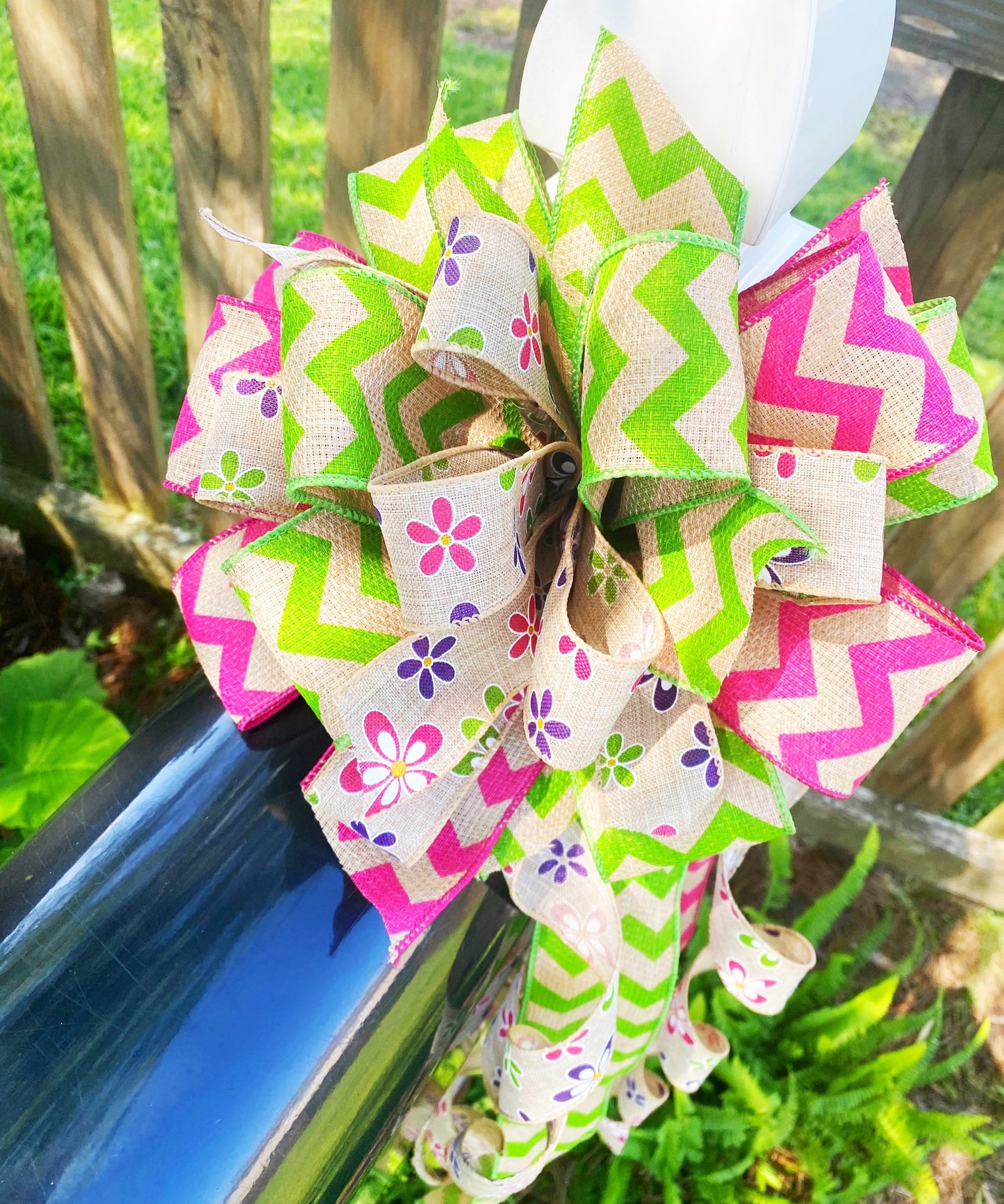 Summer Bow in Green, Pink, & Beige Featuring Floral Motif Ribbon. Perfect for Mailbox, Door, and Wreath.