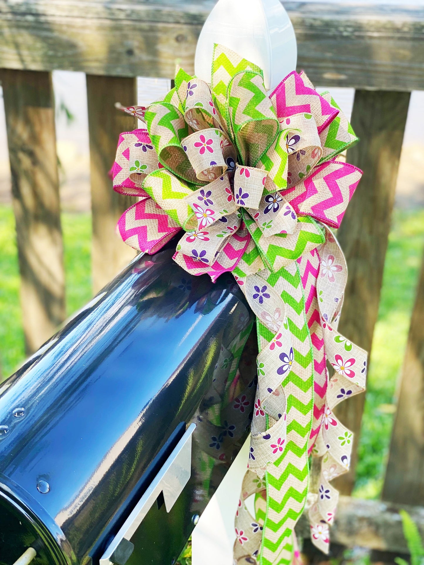 Summer Bow in Green, Pink, & Beige Featuring Floral Motif Ribbon. Perfect for Mailbox, Door, and Wreath.