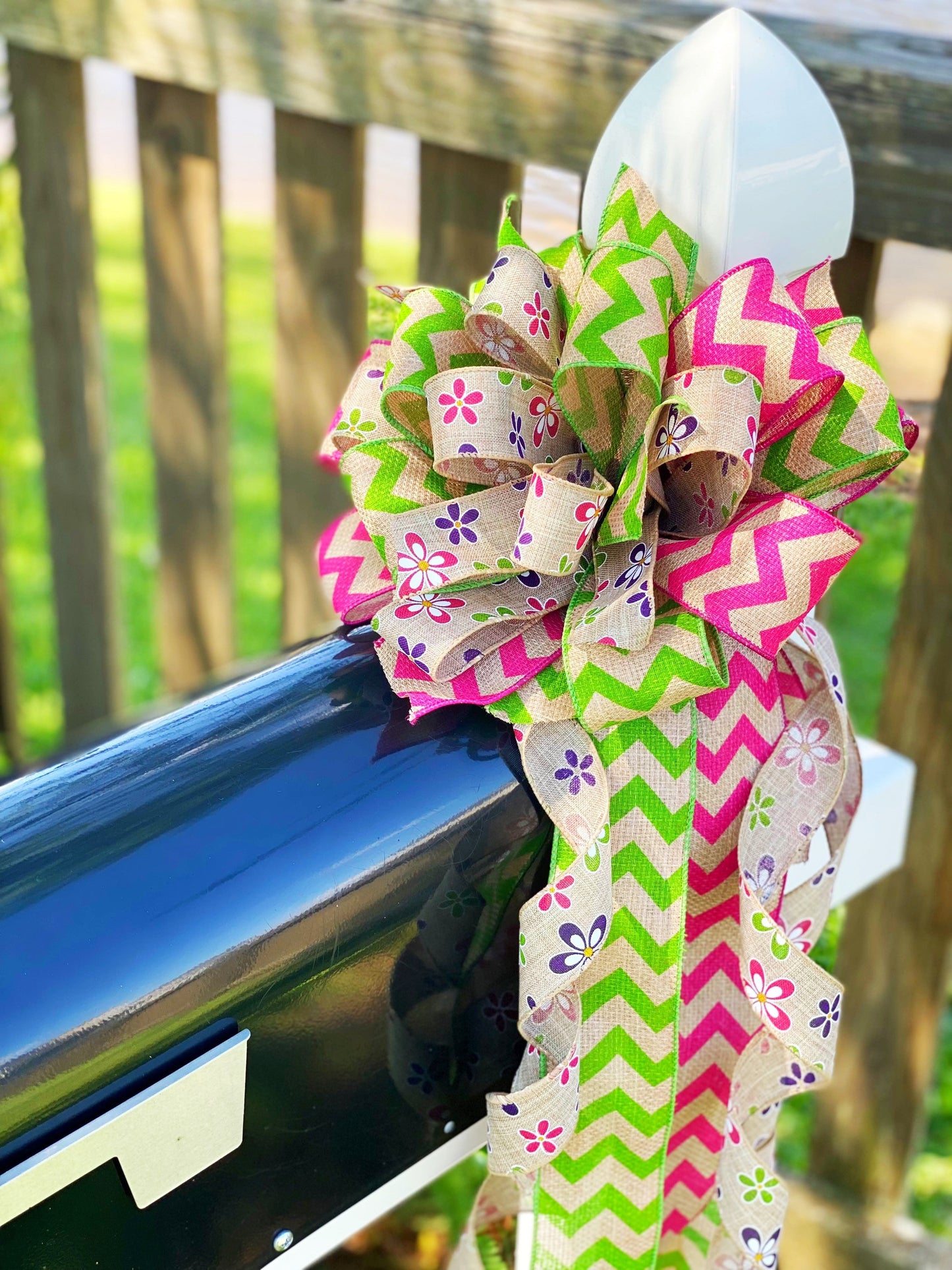 Summer Bow in Green, Pink, & Beige Featuring Floral Motif Ribbon. Perfect for Mailbox, Door, and Wreath.