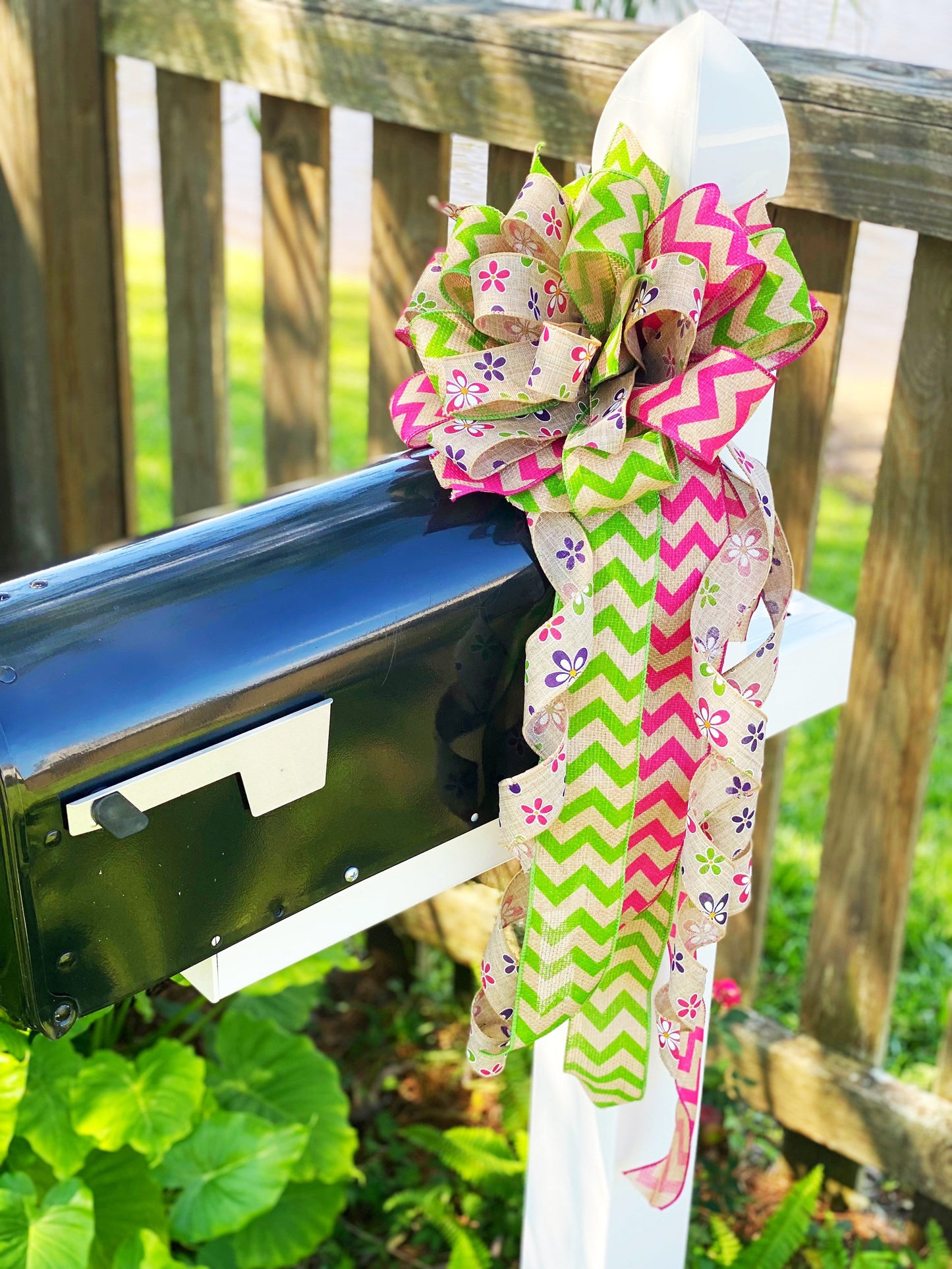 Summer Bow in Green, Pink, & Beige Featuring Floral Motif Ribbon. Perfect for Mailbox, Door, and Wreath.