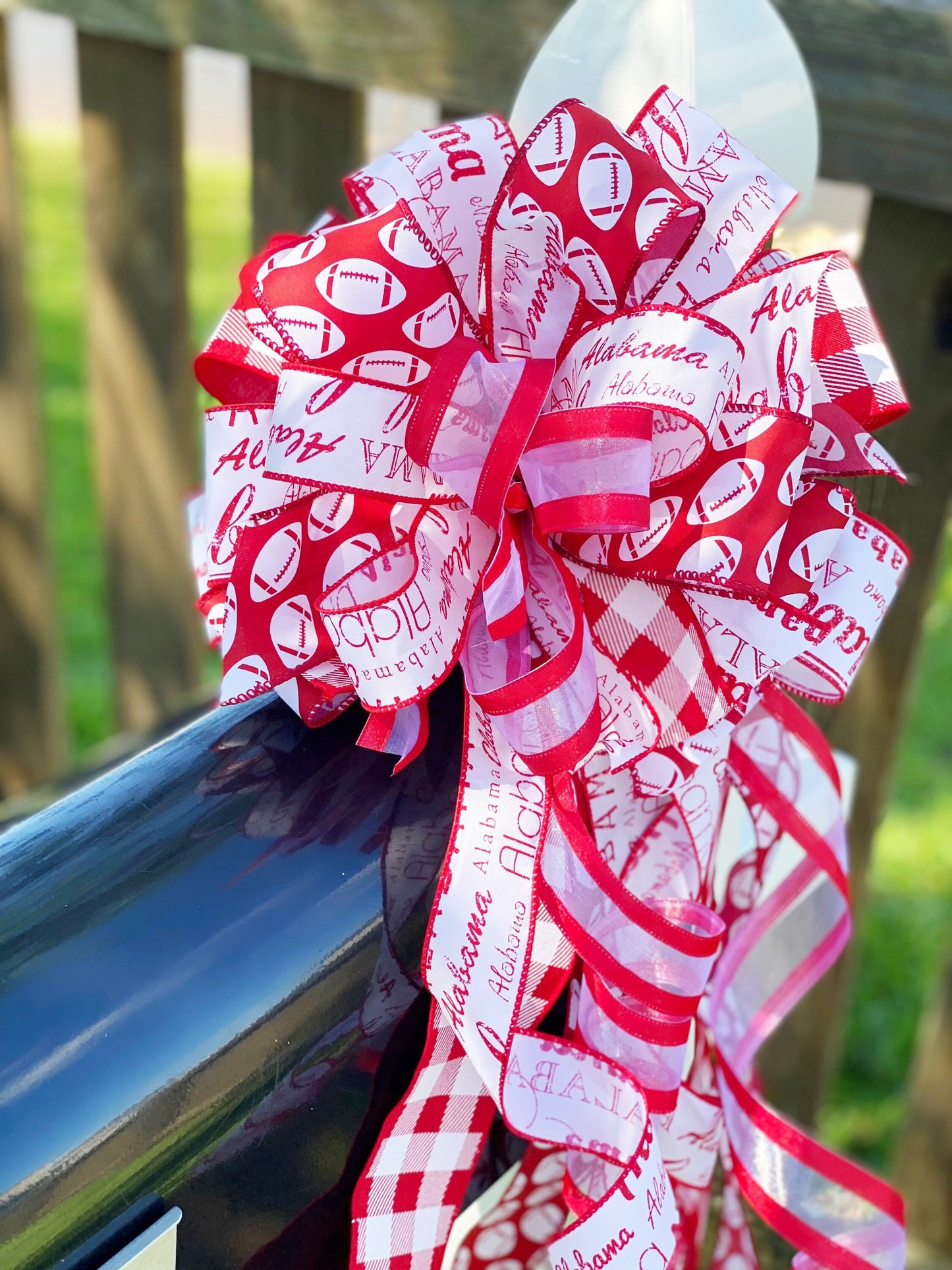 Rolltide Bow in Red & White. Perfect for Mailbox, Door, and Wreath.