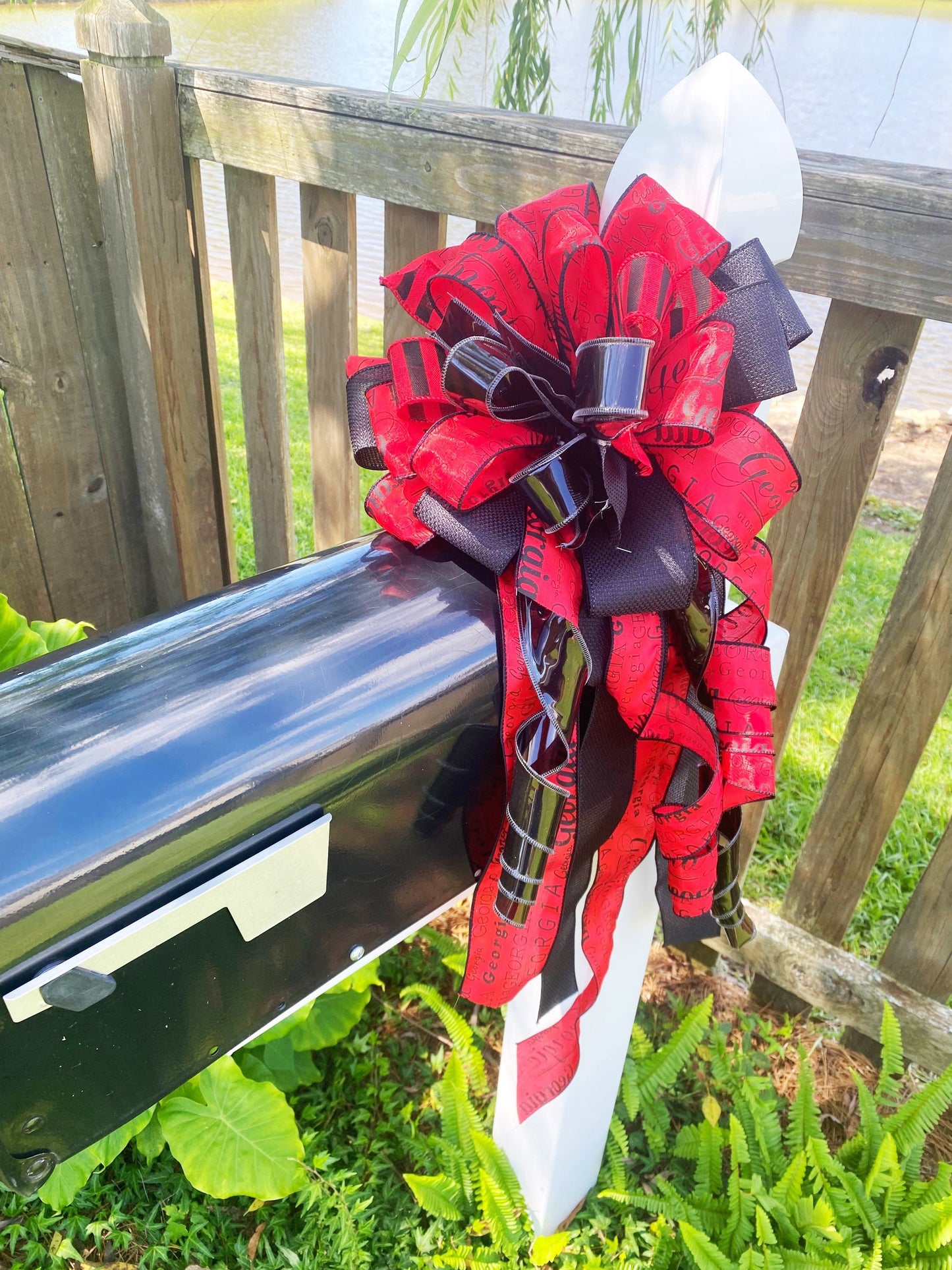 Red & Black Bulldogs Bow. Perfect for Mailbox, Door, and Wreath.