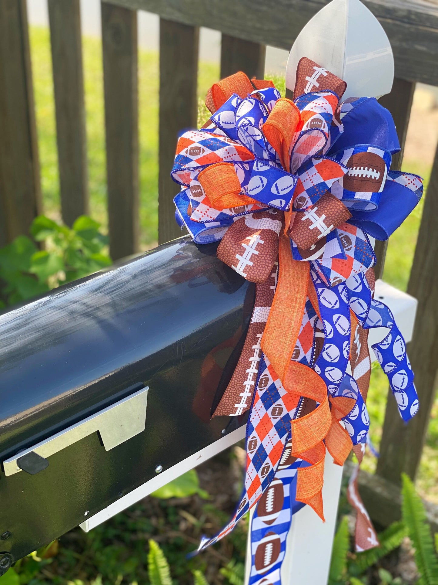 Football Bow in Orange Blue and White. Perfect for Mailbox, Door, and Wreath.