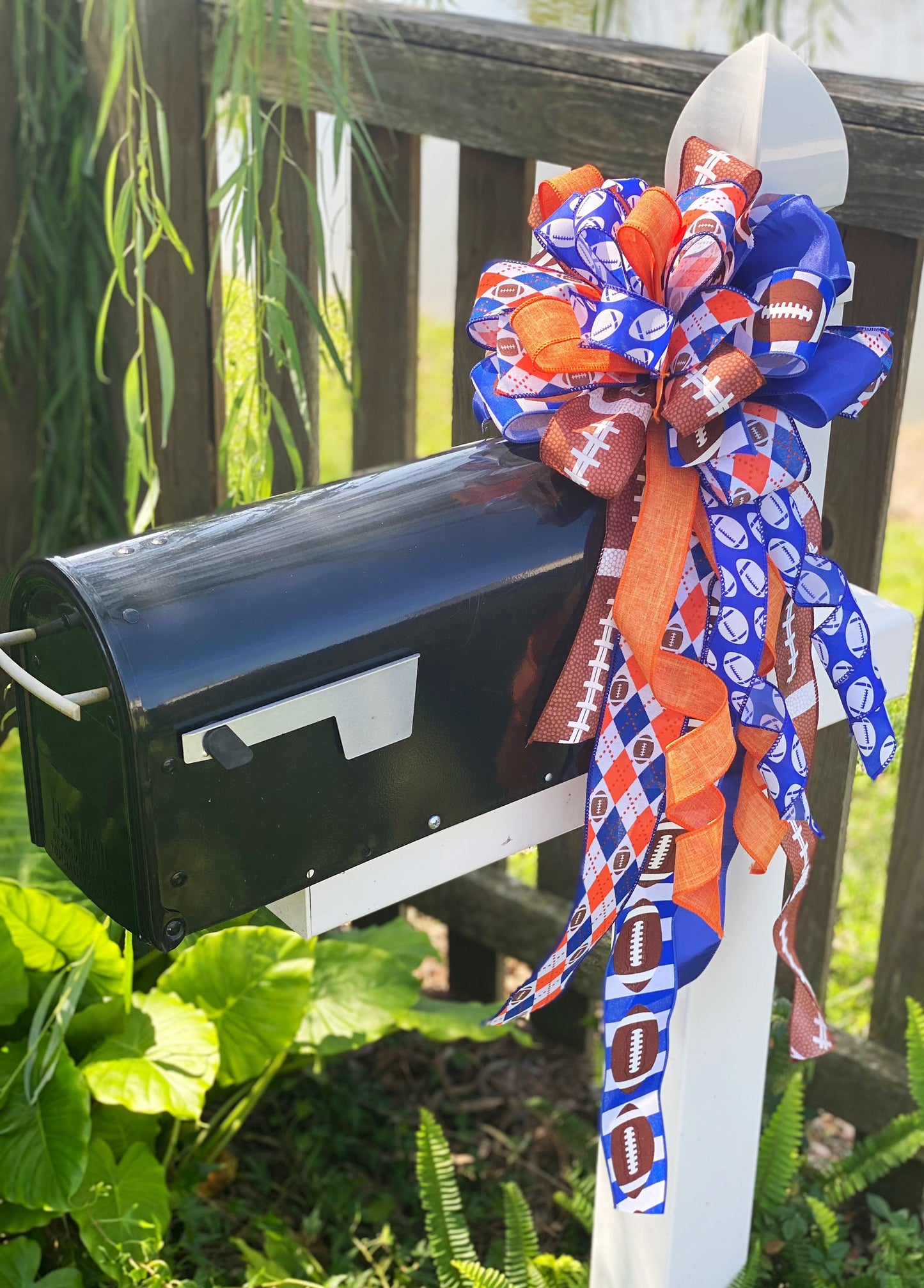 Football Bow in Orange Blue and White. Perfect for Mailbox, Door, and Wreath.