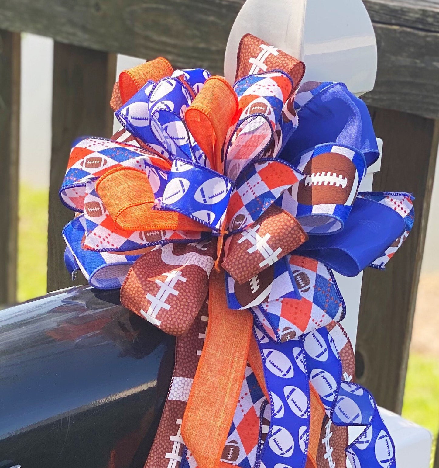 Football Bow in Orange Blue and White. Perfect for Mailbox, Door, and Wreath.