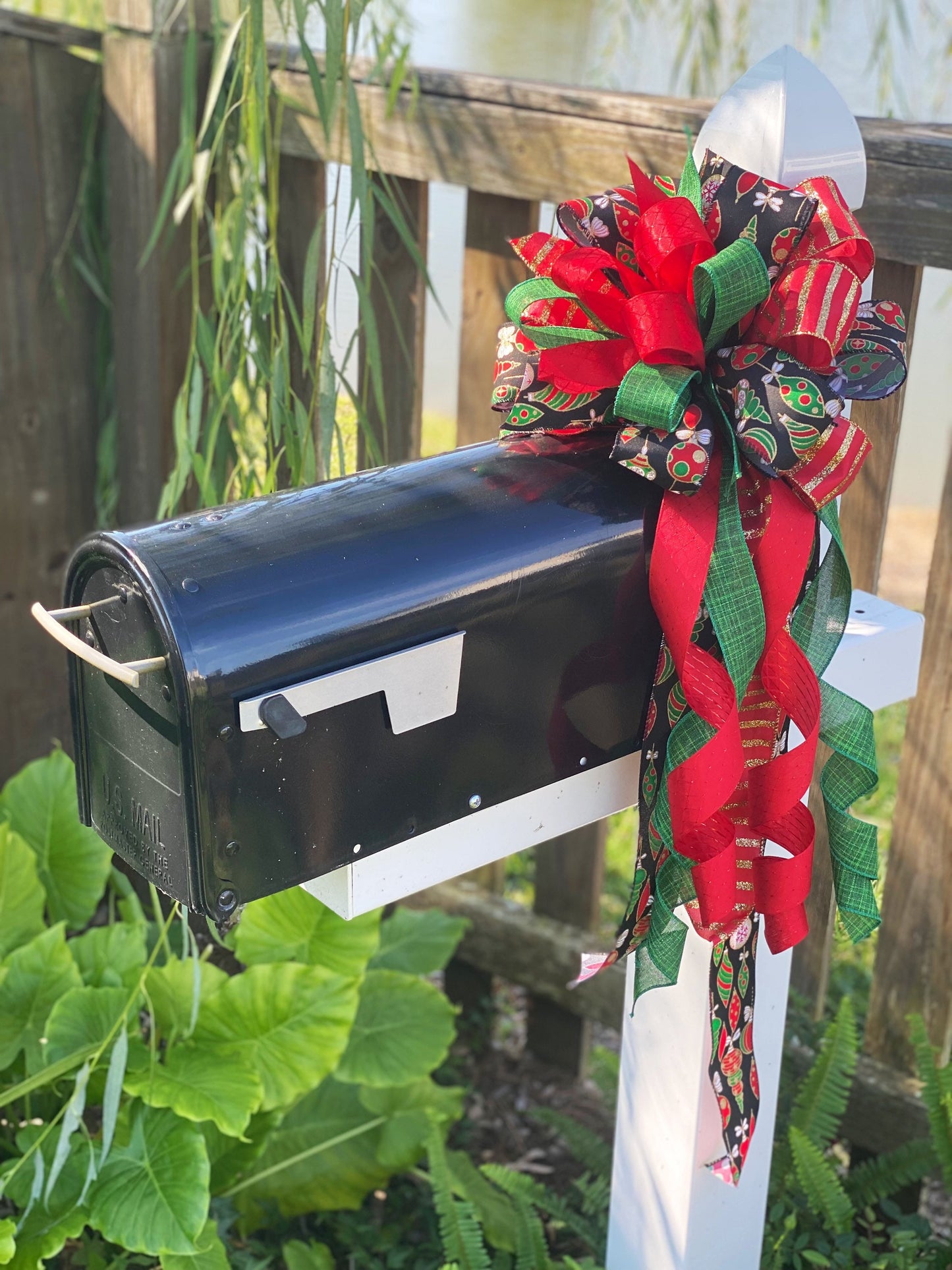 Christmas Bow in Red, Black, and Green Featuring Colorful Ornament Ribbon. Perfect for Mailbox, Door, and Wreath.