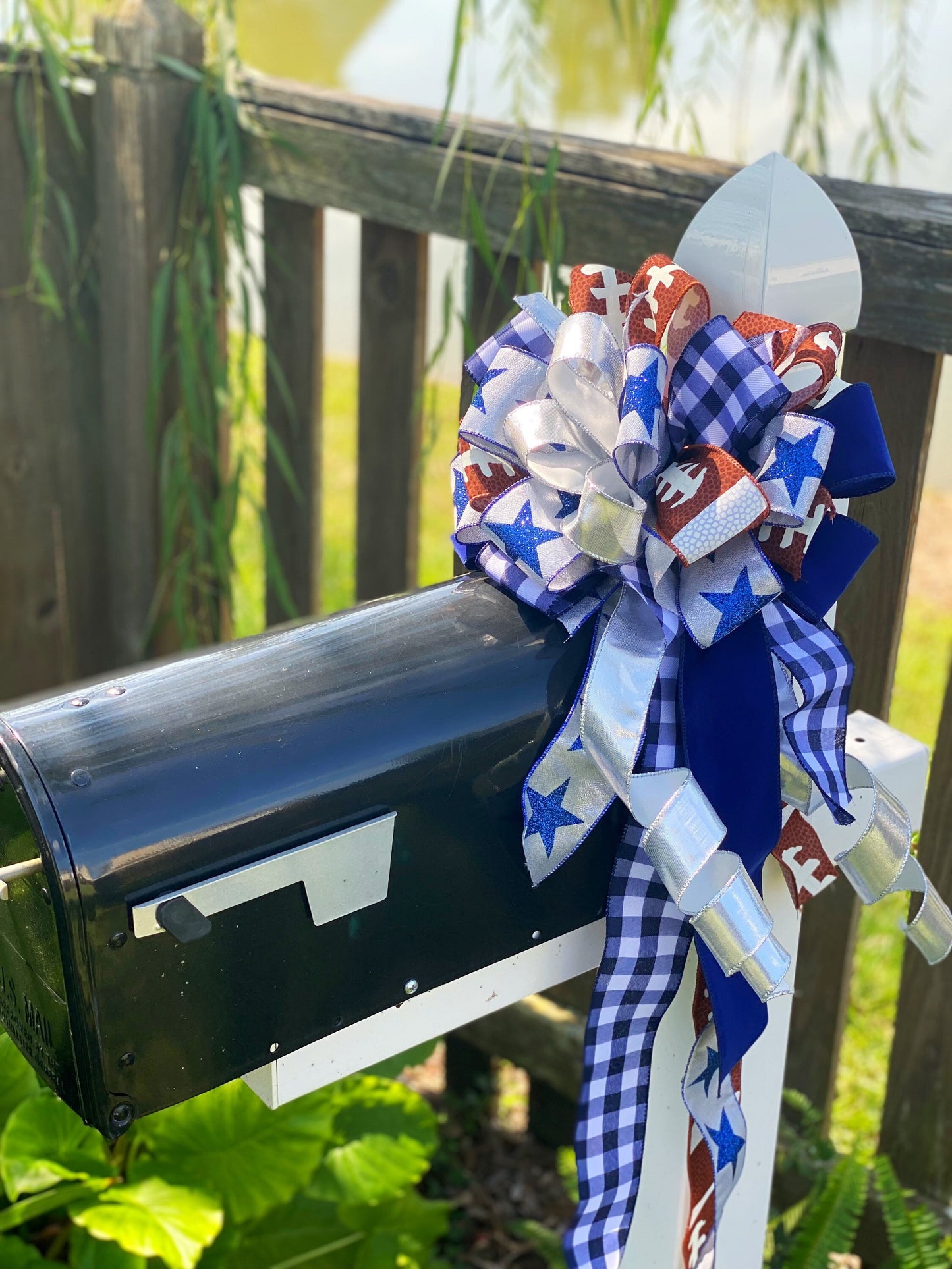 Sports Collection - Sports,Sports Bow,Football Decor,Blue White Bow,Sports Ribbon,Football,Football Bow,Wreath Bow,Game Day,Silver Bow,Blue