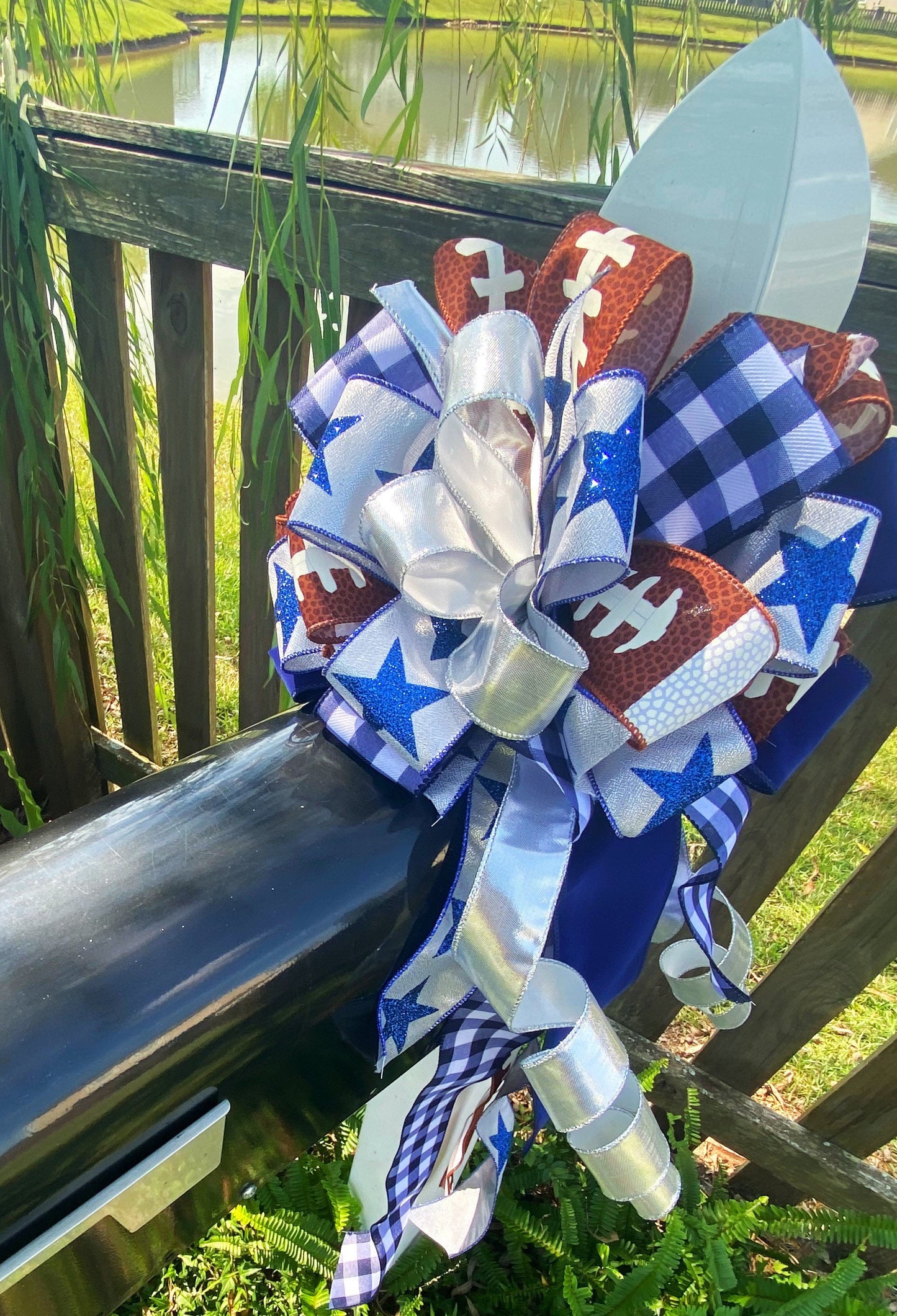 Sports Collection - Sports,Sports Bow,Football Decor,Blue White Bow,Sports Ribbon,Football,Football Bow,Wreath Bow,Game Day,Silver Bow,Blue