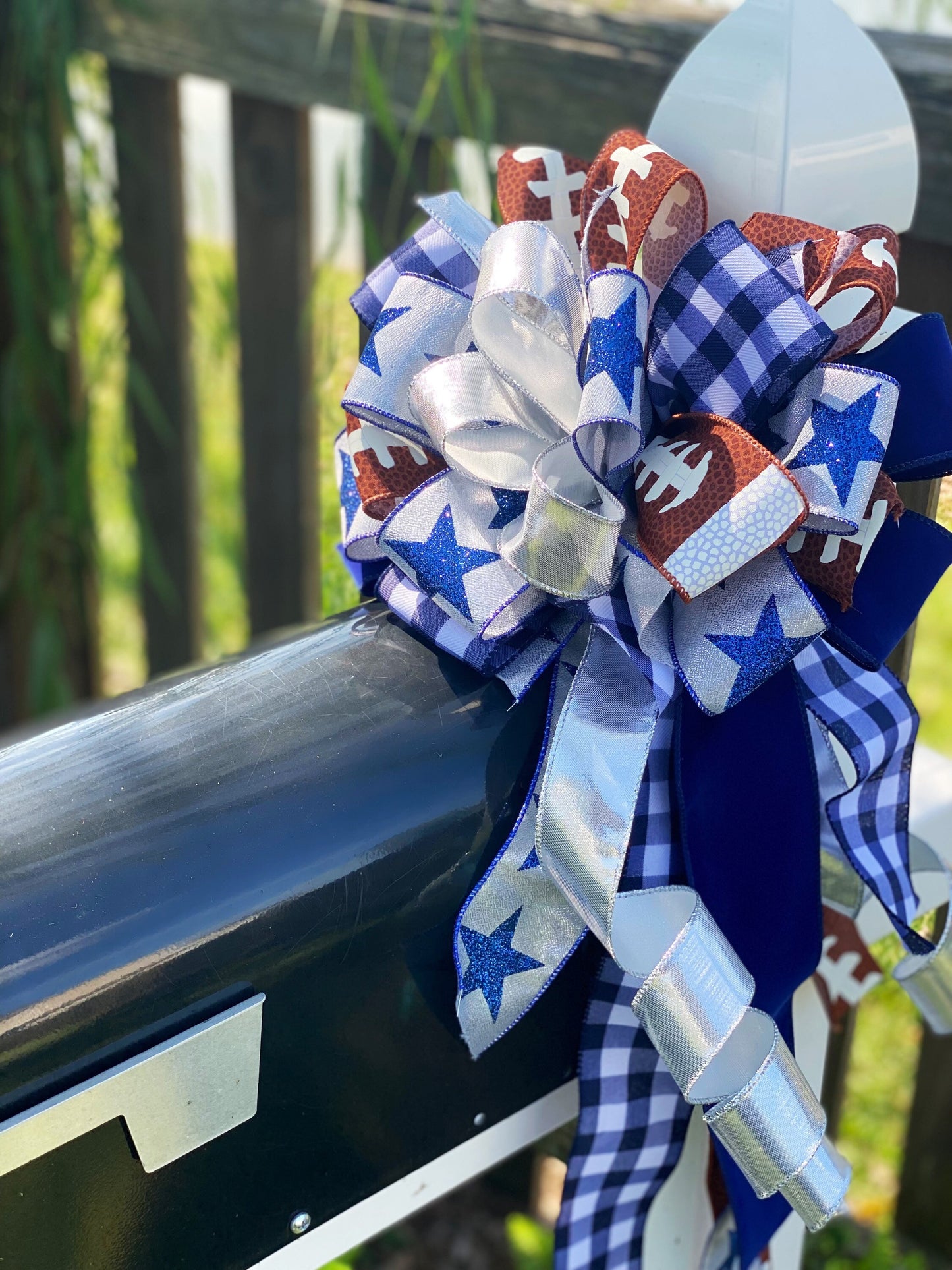 Sports Collection - Sports,Sports Bow,Football Decor,Blue White Bow,Sports Ribbon,Football,Football Bow,Wreath Bow,Game Day,Silver Bow,Blue